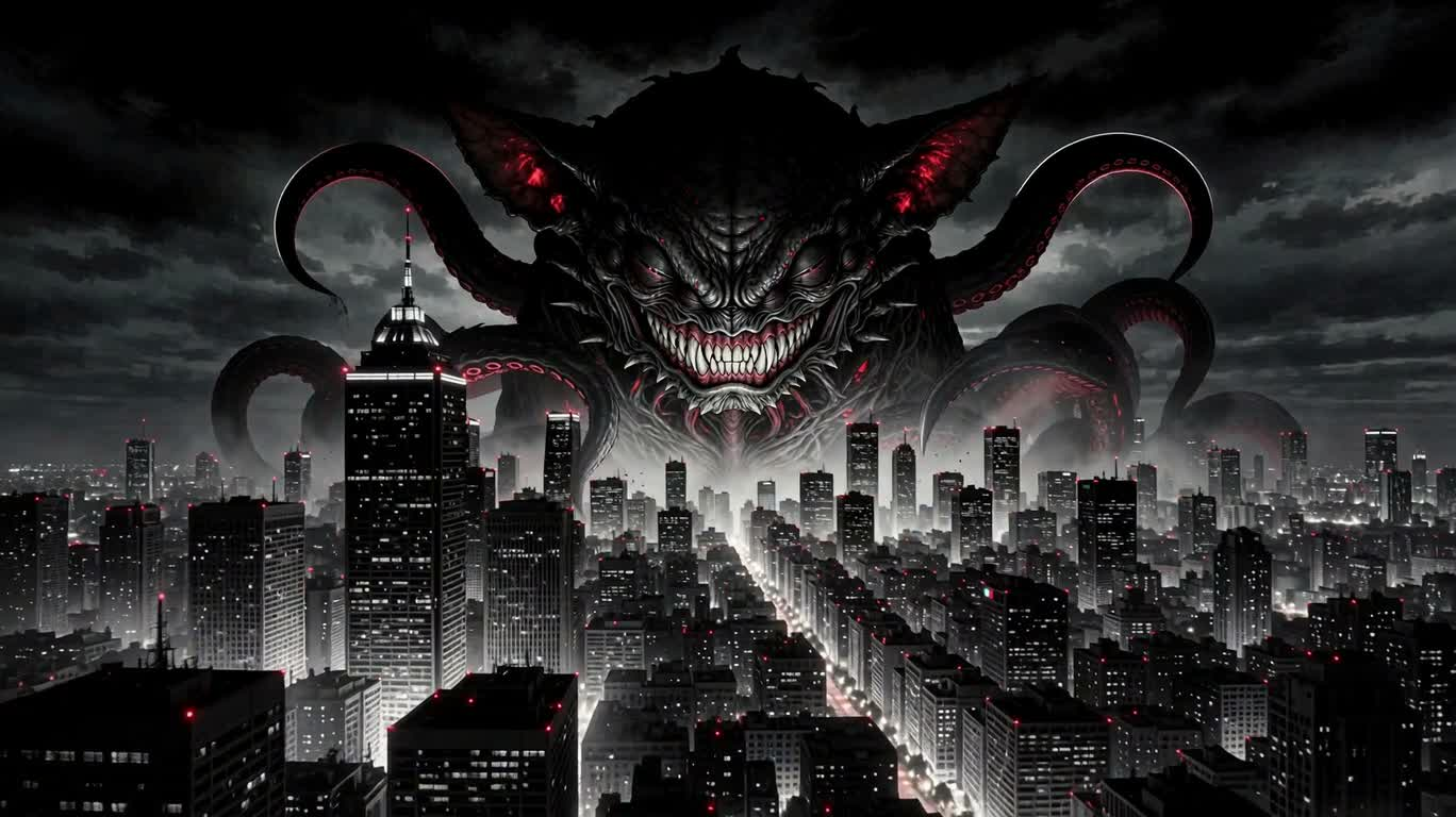 城市上空的多眼柯基恶魔