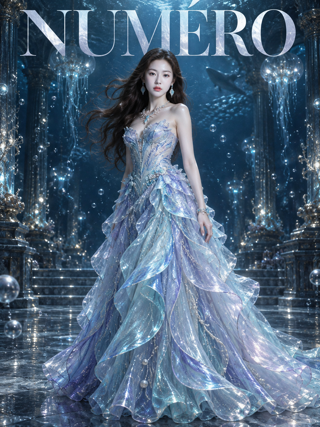 Bioluminescent Jellyfish Gown Fashion Cover in an Underwater Banquet Hall