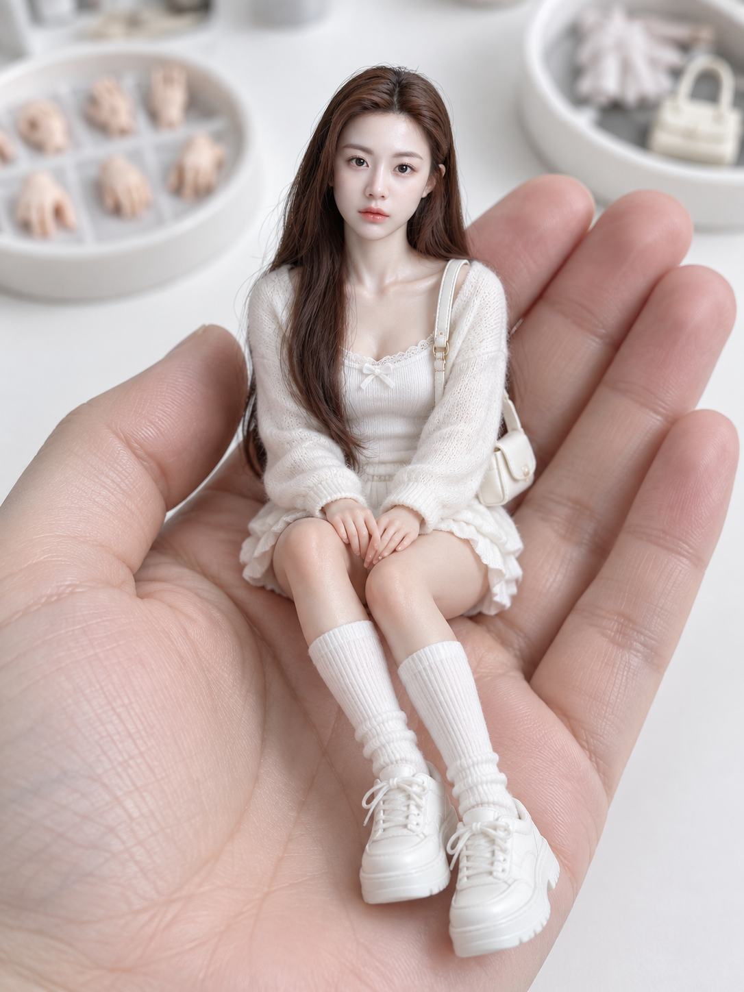 掌心中的写实微缩身份手办与白色收藏造型