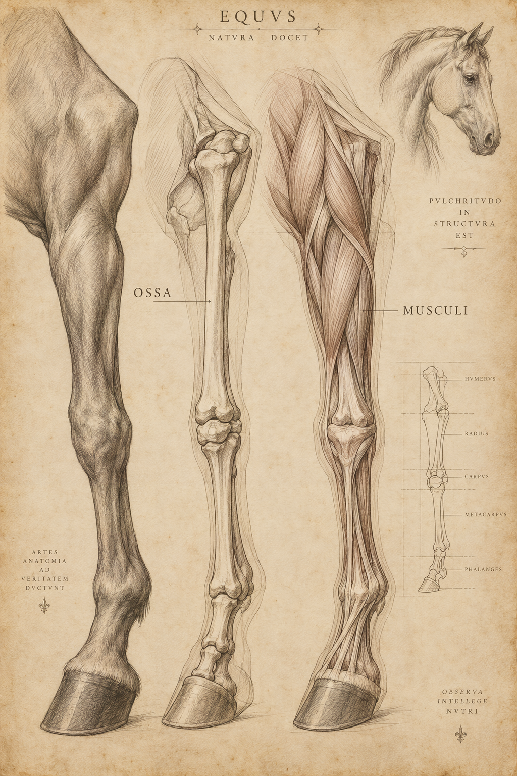 Renaissance-style anatomical atlas of horse forelimbs