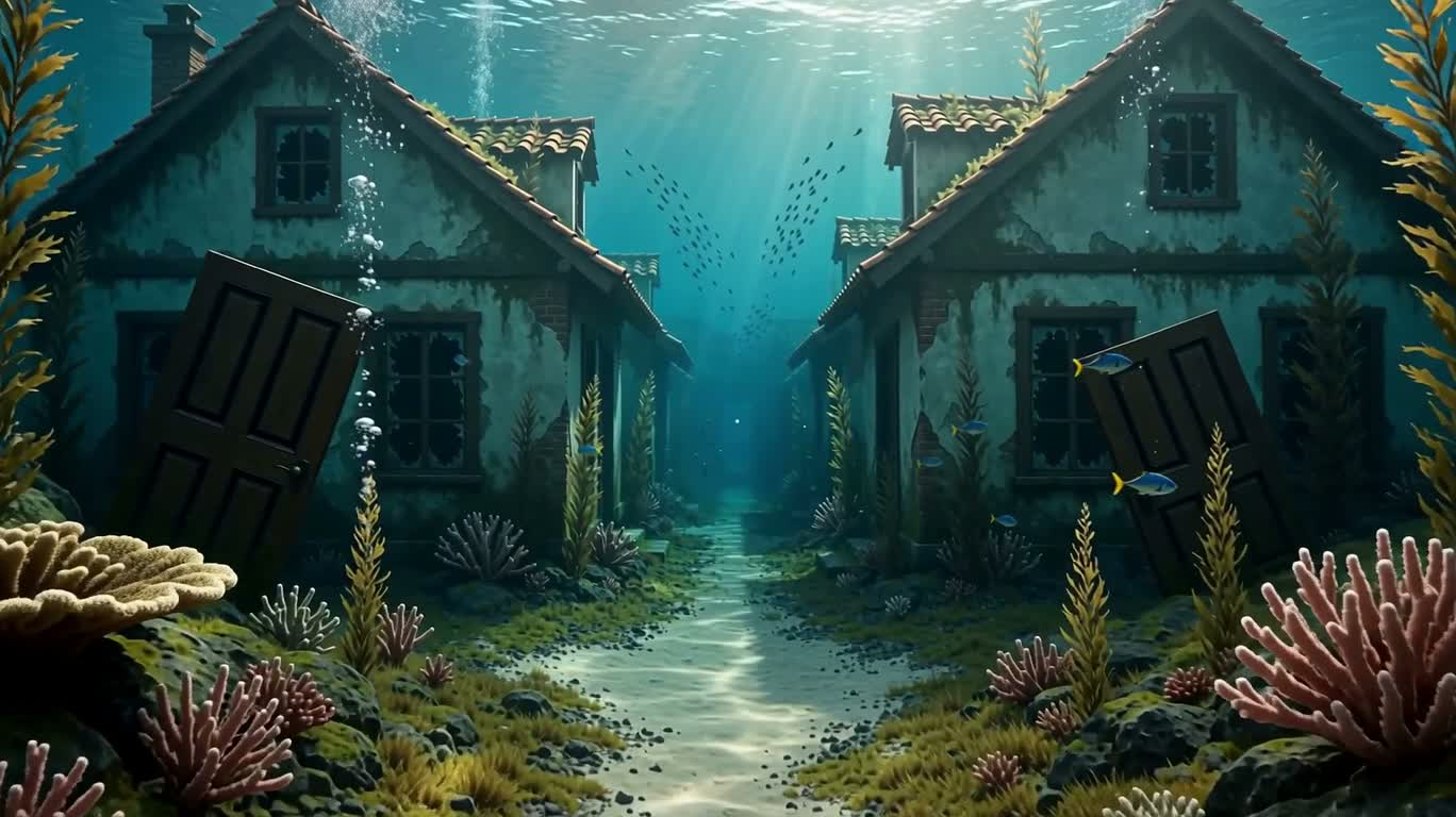 沉没屋群的奇幻水下世界