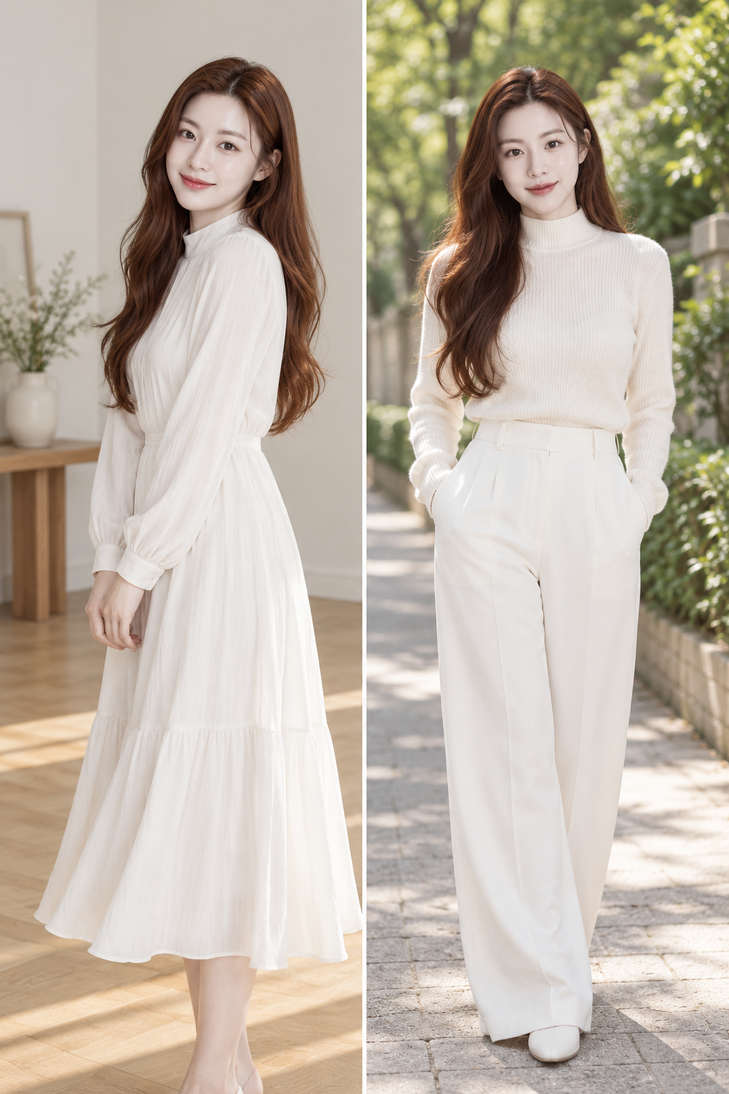 Chân dung thời trang tối giản trắng hai bối cảnh của phụ nữ trưởng thành