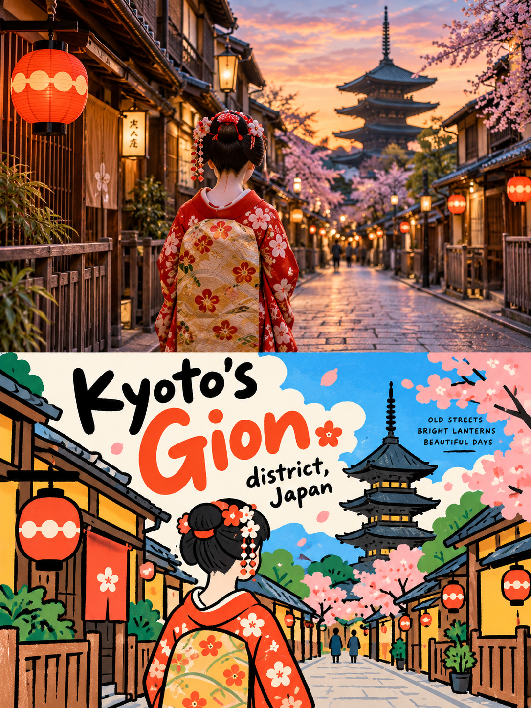 上下各半的写实与韩系扁平插画海报模板