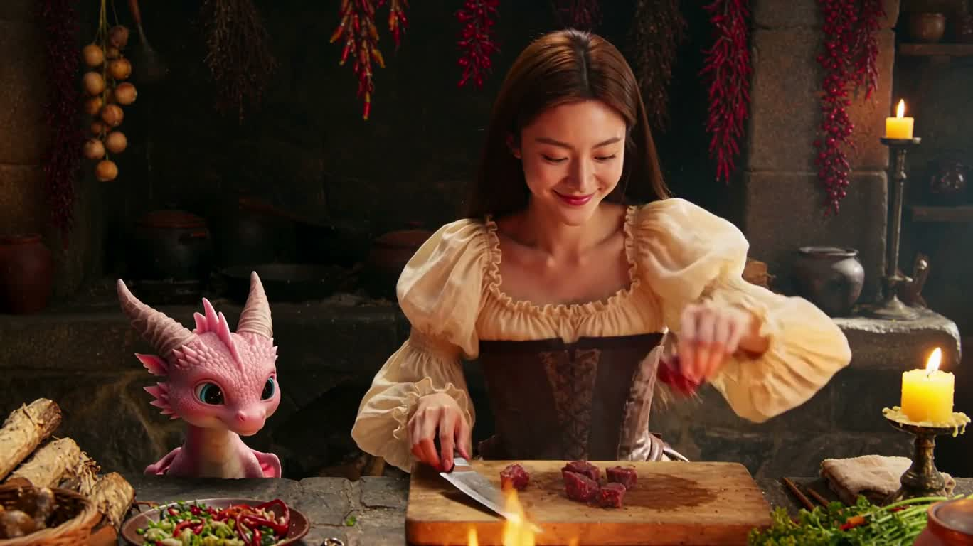 Girl by the Fireplace with a Pink Little Dragon