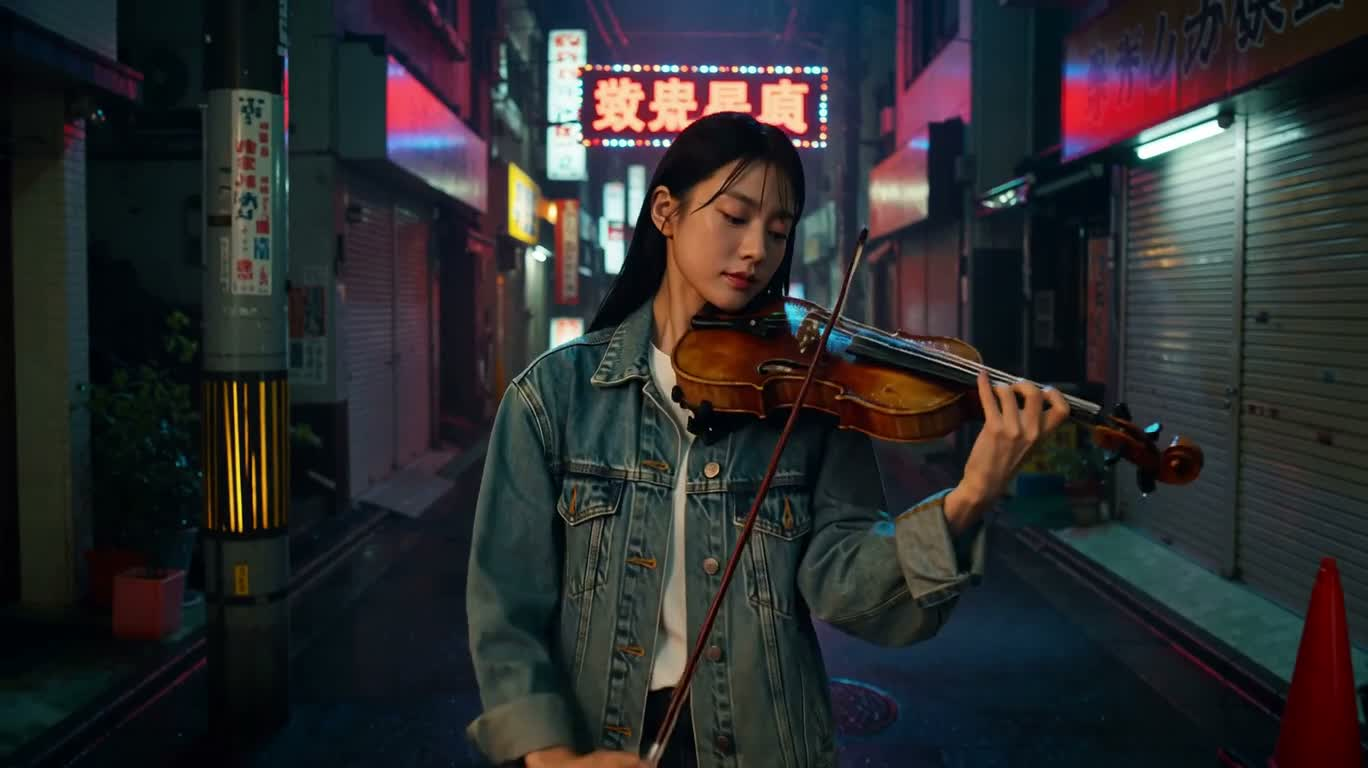 雨夜霓虹巷中的小提琴手