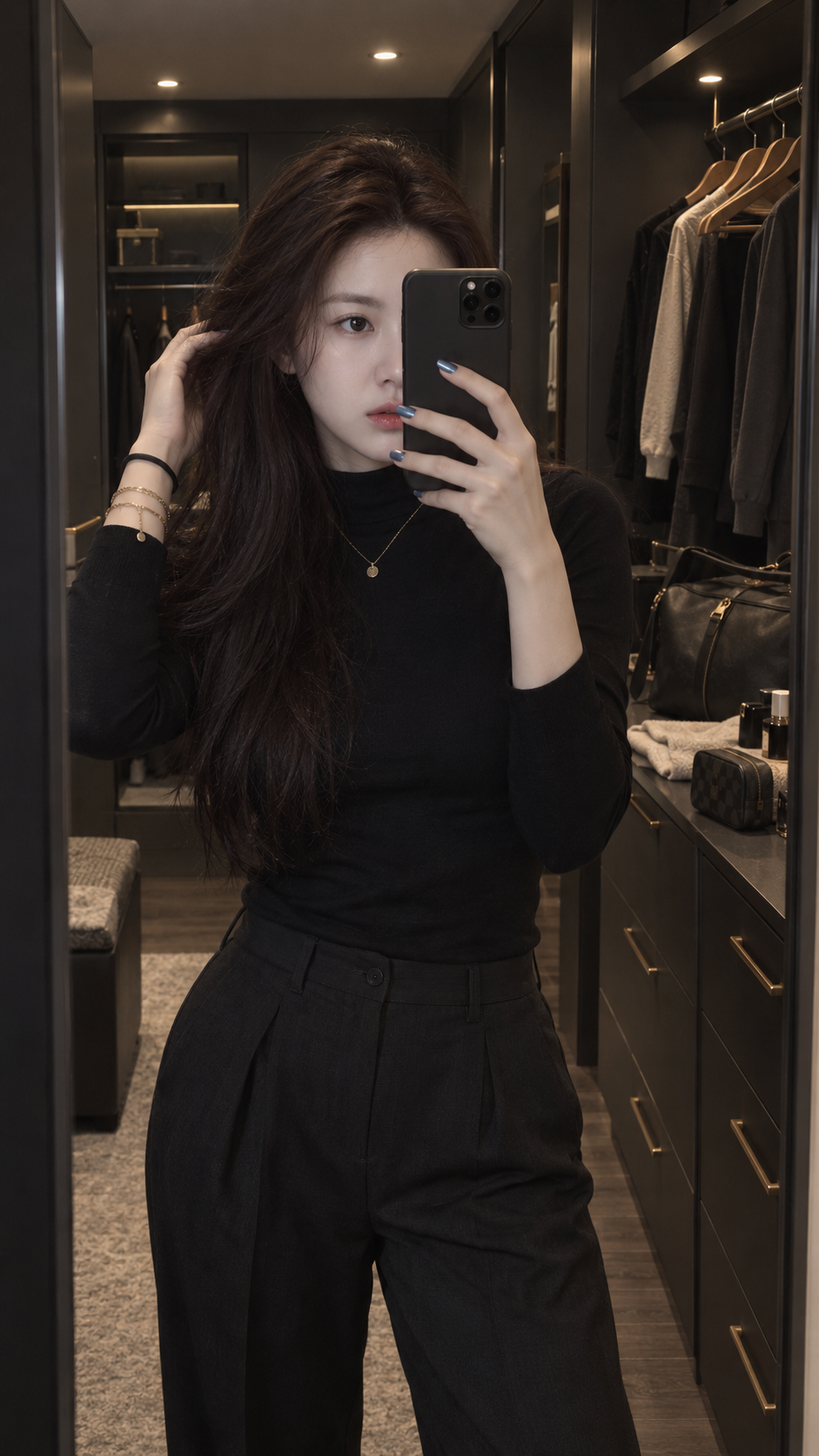 어두운 옷장에서의 자연스러운 거울 셀카