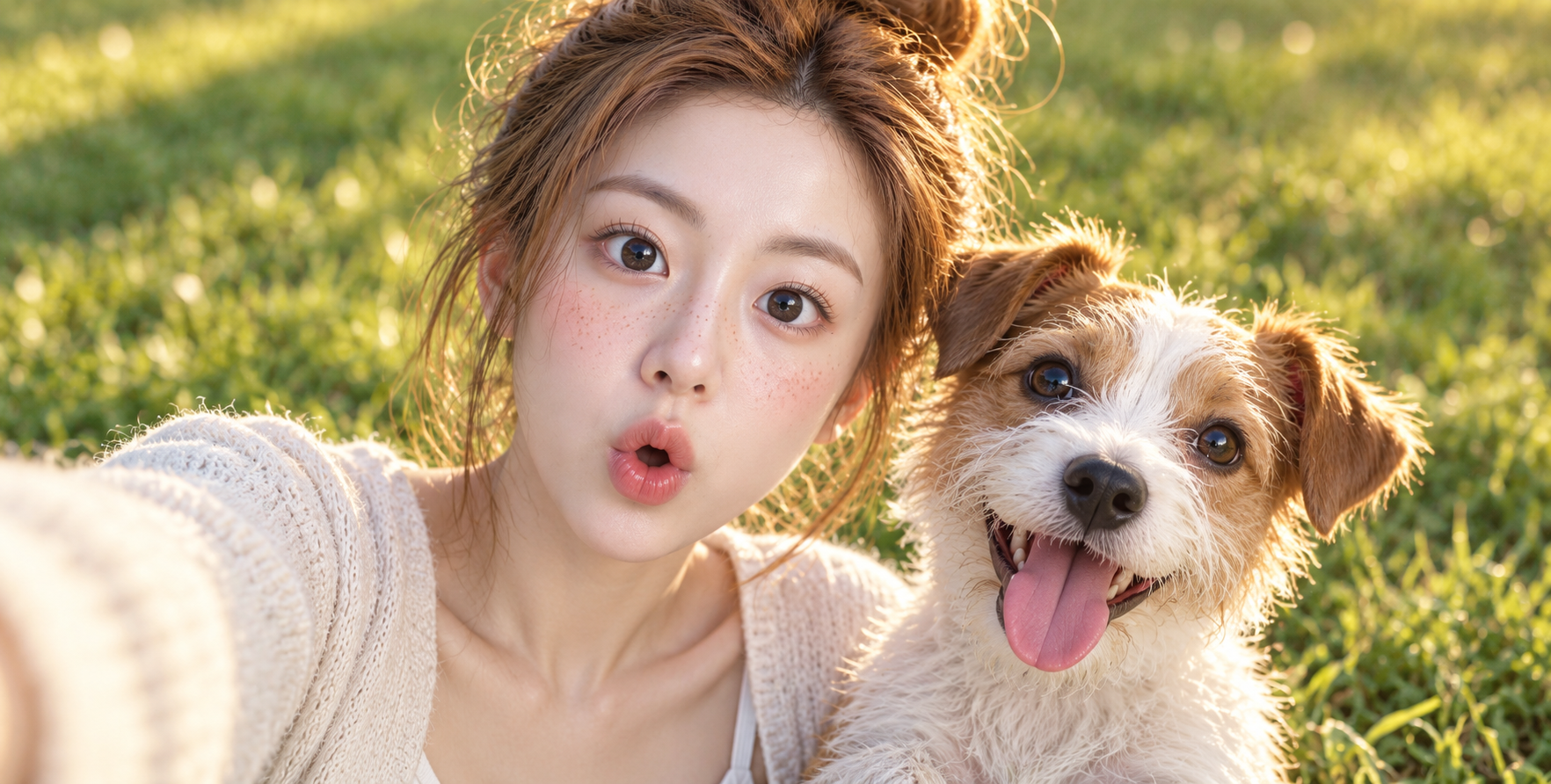 Selfie en plein air d'une fille aux taches de rousseur et d'un terrier