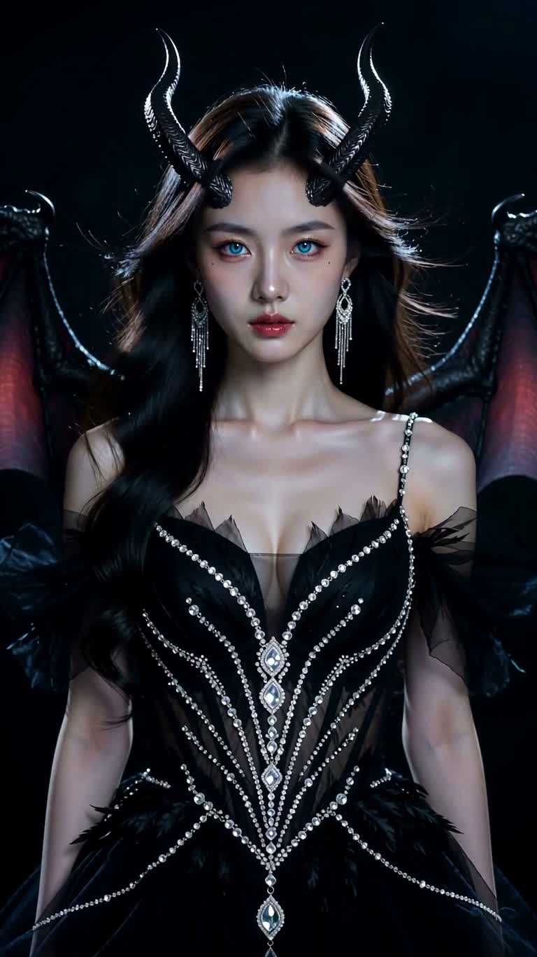 Chân dung thiếu nữ có sừng với trang sức bạc và đôi cánh tối — AI video creation