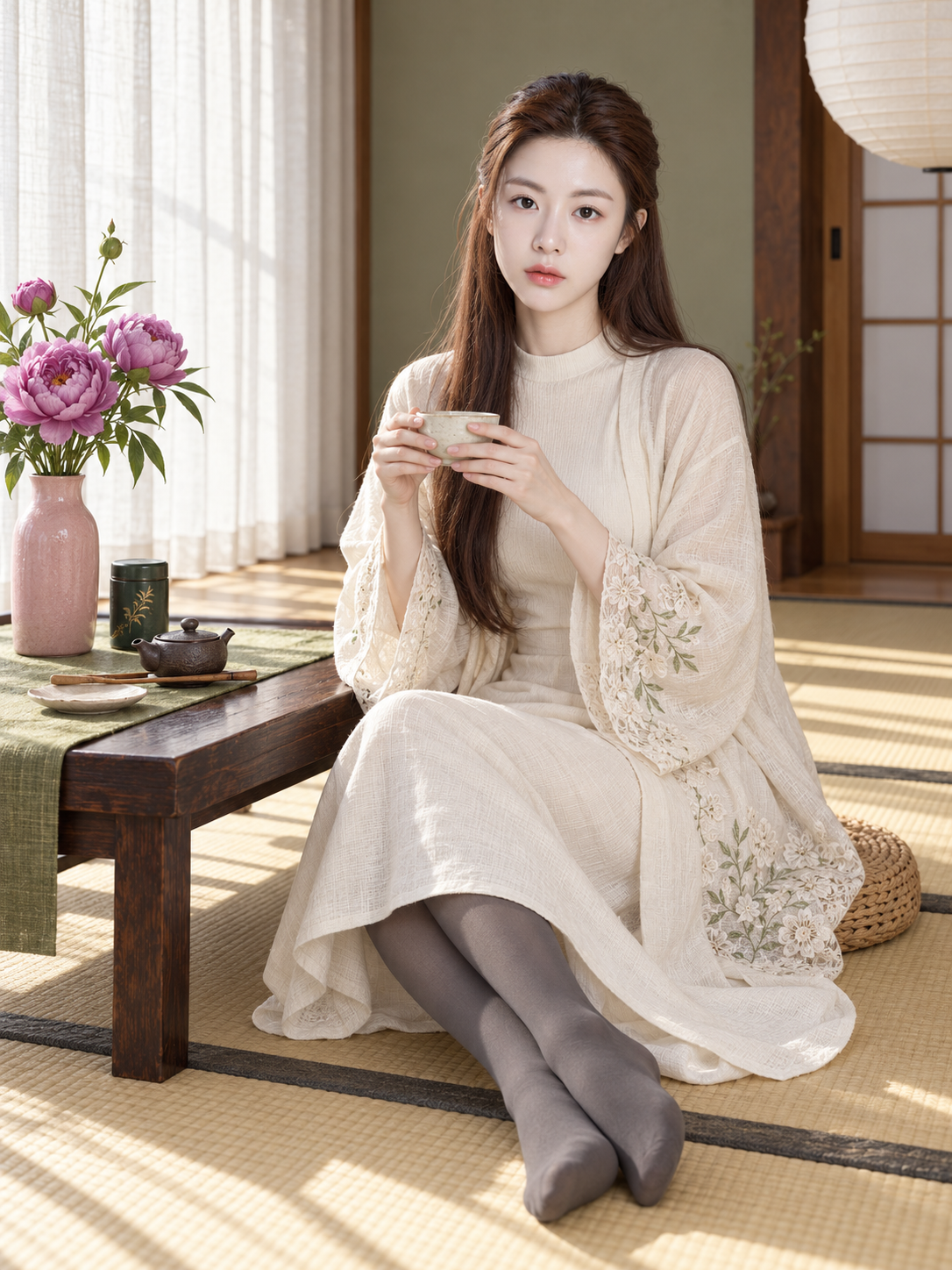 현대식 다실에서 자연광을 받은 성인 여성 사진
