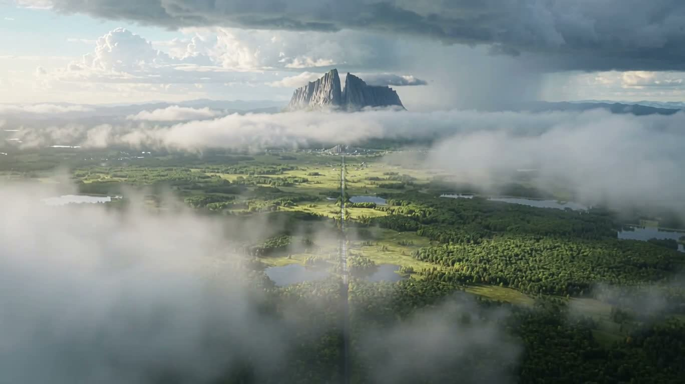 Ruines au-dessus de la mer de nuages et plaines de tempête