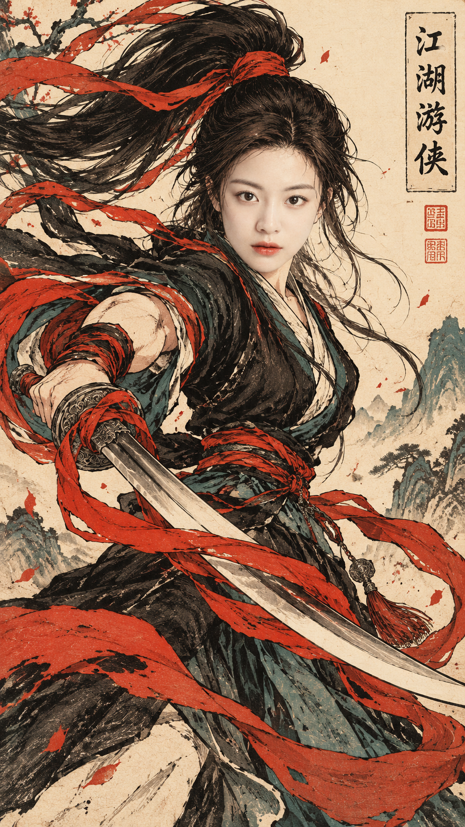 東洋武侠の浮世絵人物ダイナミック版画テンプレート