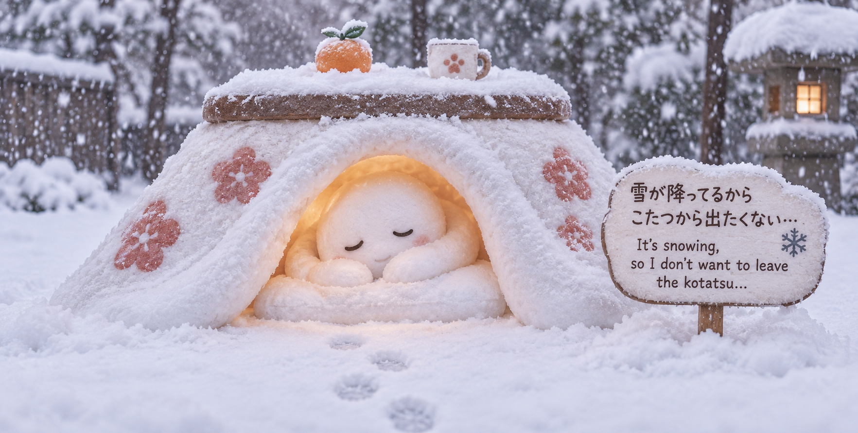 蜷缩在被炉里的慵懒雪雕