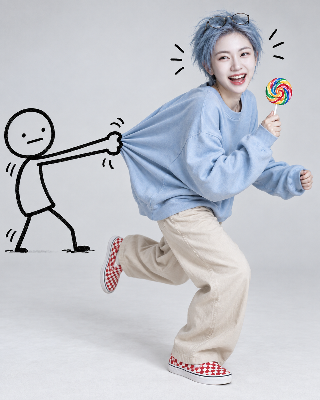 ライトブルーのショートヘアの女性が黒いグラフィティと交流する超写実写真