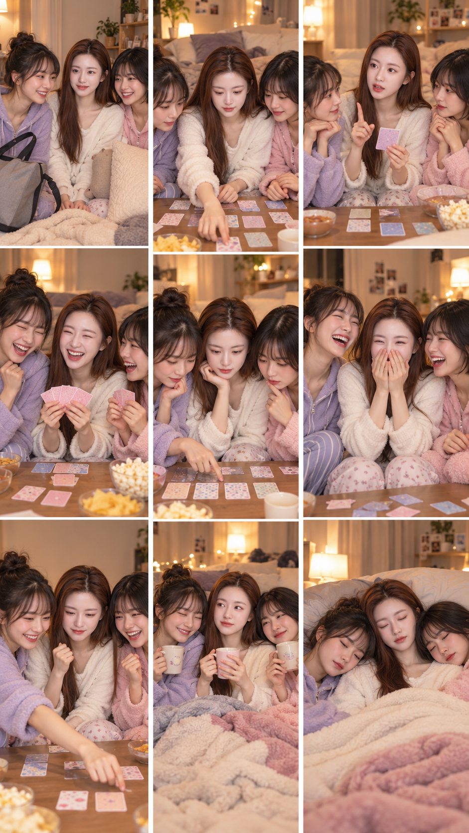 성인 일본 여성 세 명의 파자마 파티 게임 9칸 그리드