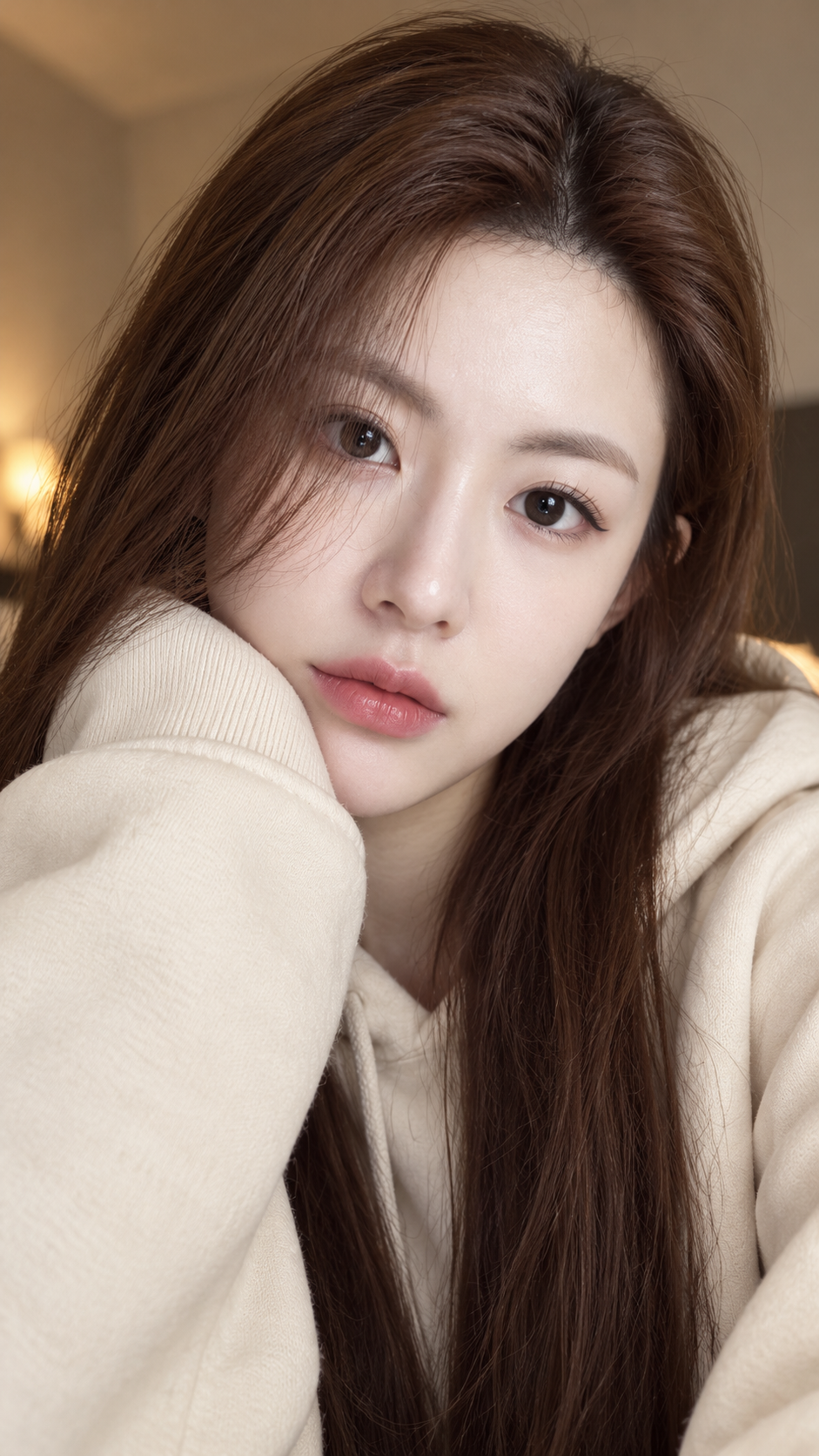 크림색 후드티를 입은 따뜻한 클로즈업 셀피