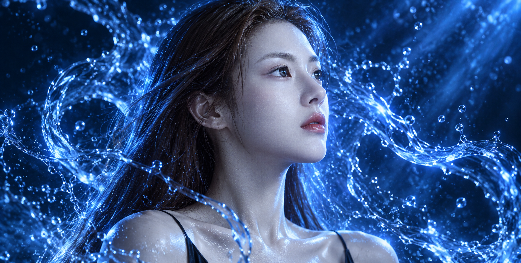 일렉트릭 블루 액체 에너지에 감싸인 초사실적 시네마틱 옆얼굴