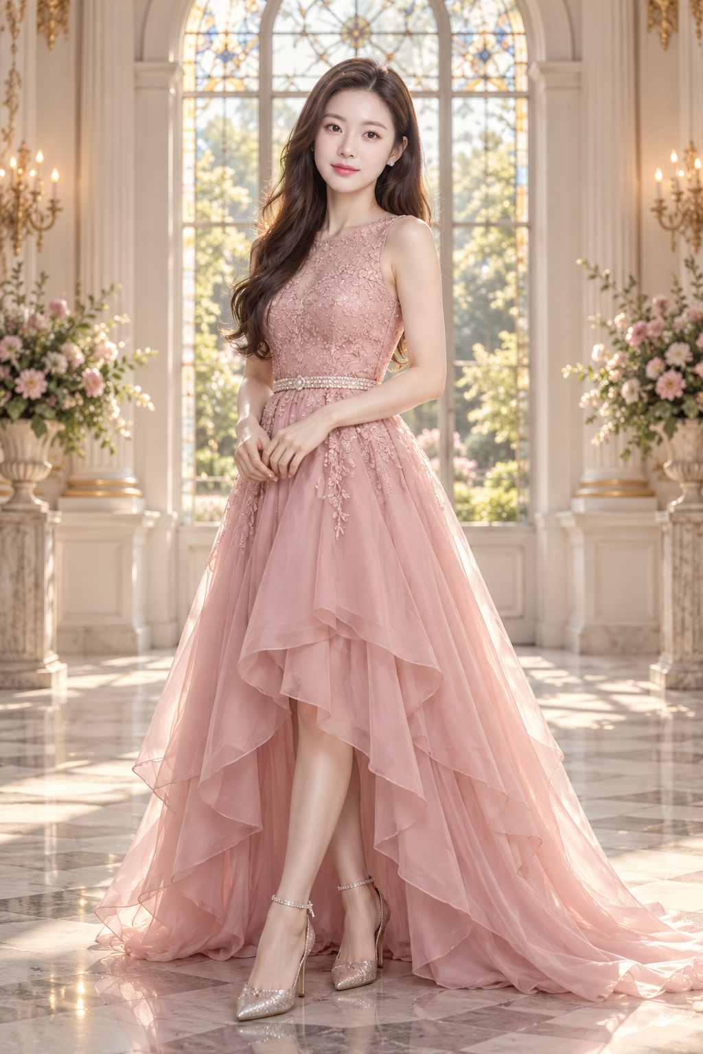 彩色玻璃窗前的粉色礼服成年女性肖像 — AI image creation