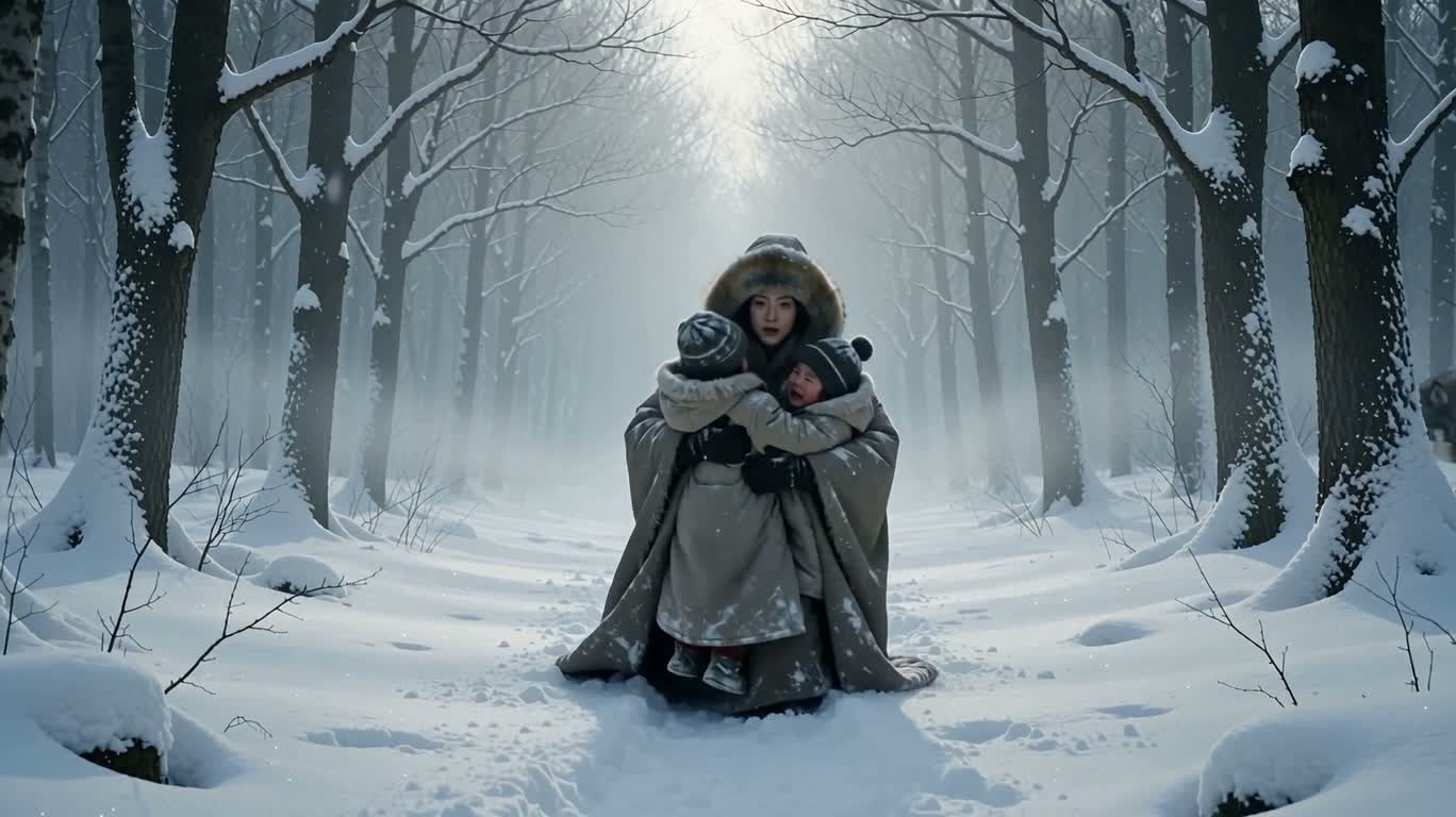 雪林中的母子与狼群
