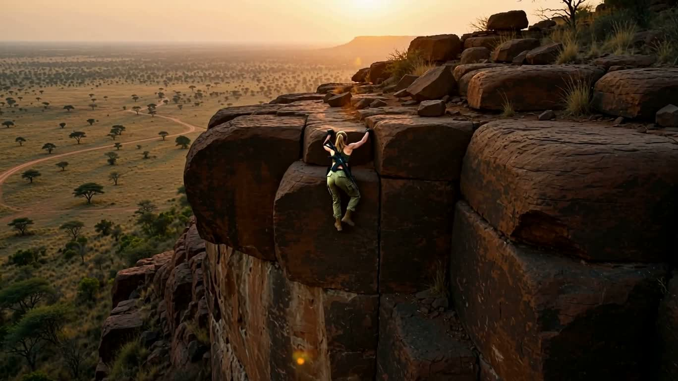 Panorama d'escalade au crépuscule doré