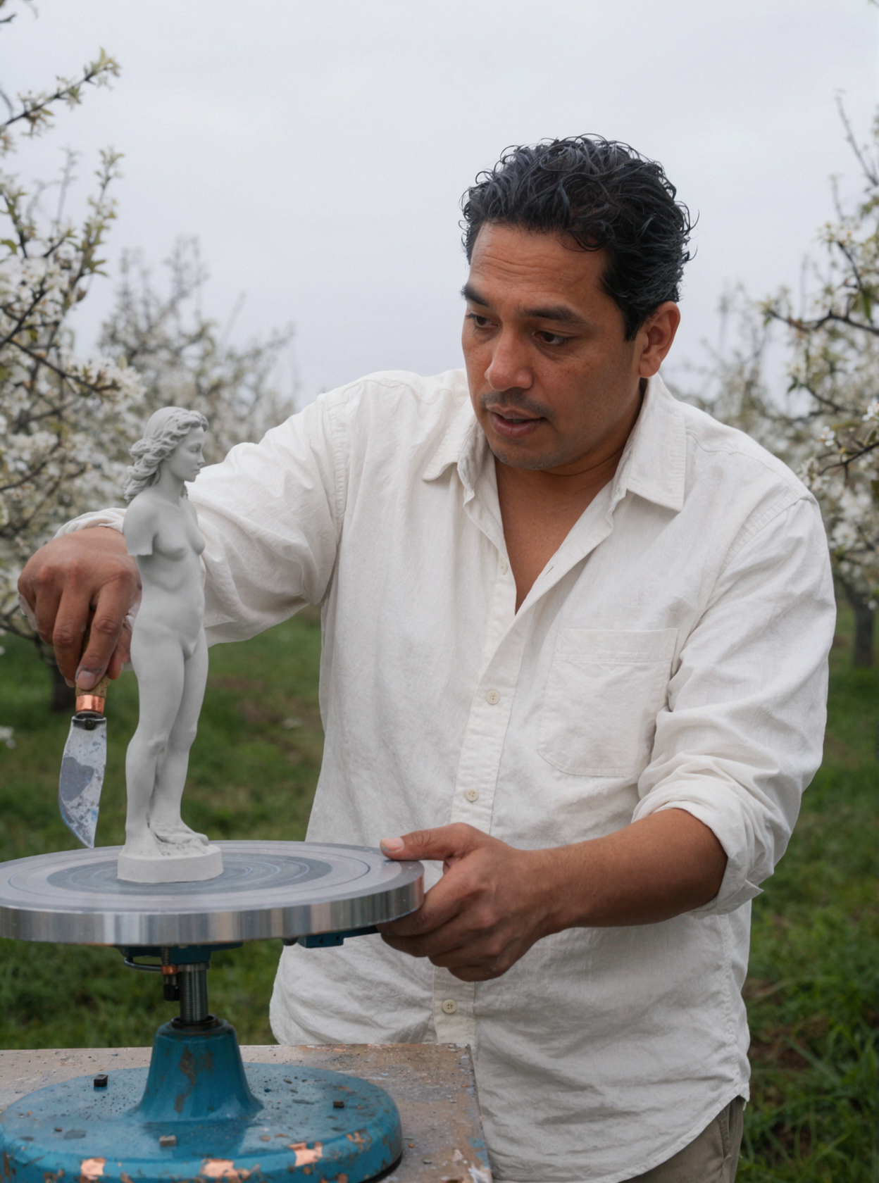 Adult Latino Male Sculptor · Sculpture Turntable · Overcast Documentary — AI image creation