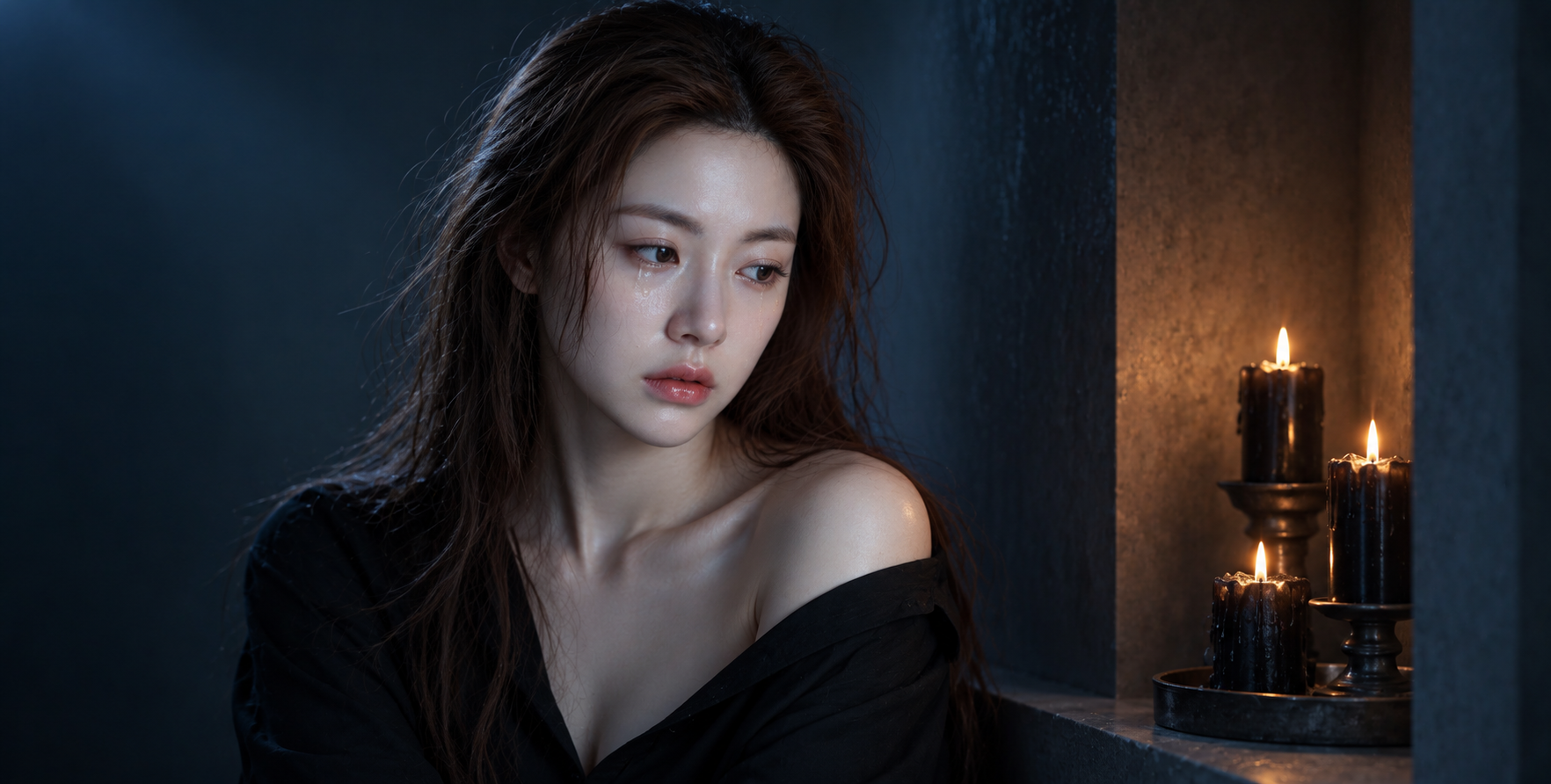 月光与黑烛意象下的成年女性忧郁肖像