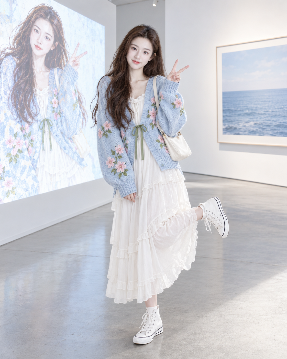 Portrait en cardigan brodé rose et bleu dans une galerie minimaliste — AI image creation