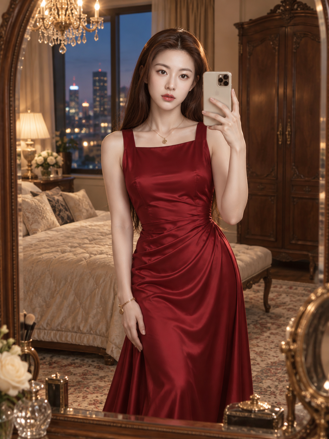 华丽卧室中的红缎面礼服镜自拍