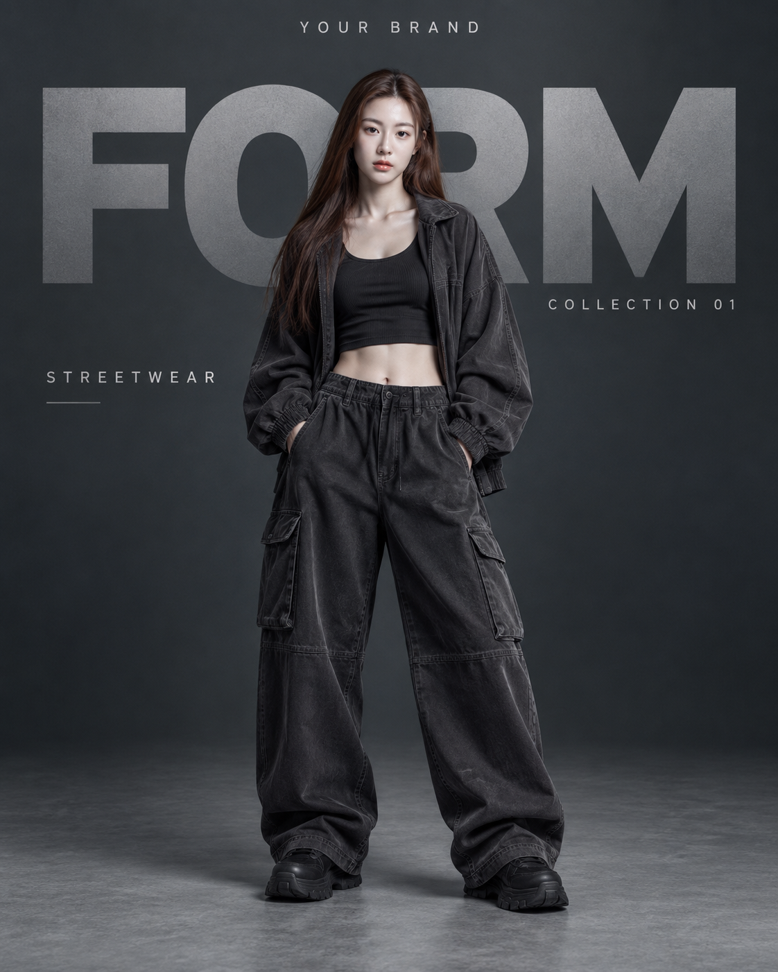 Minimalist Editorial Poster with Oversized Typography and Street Fashion Model