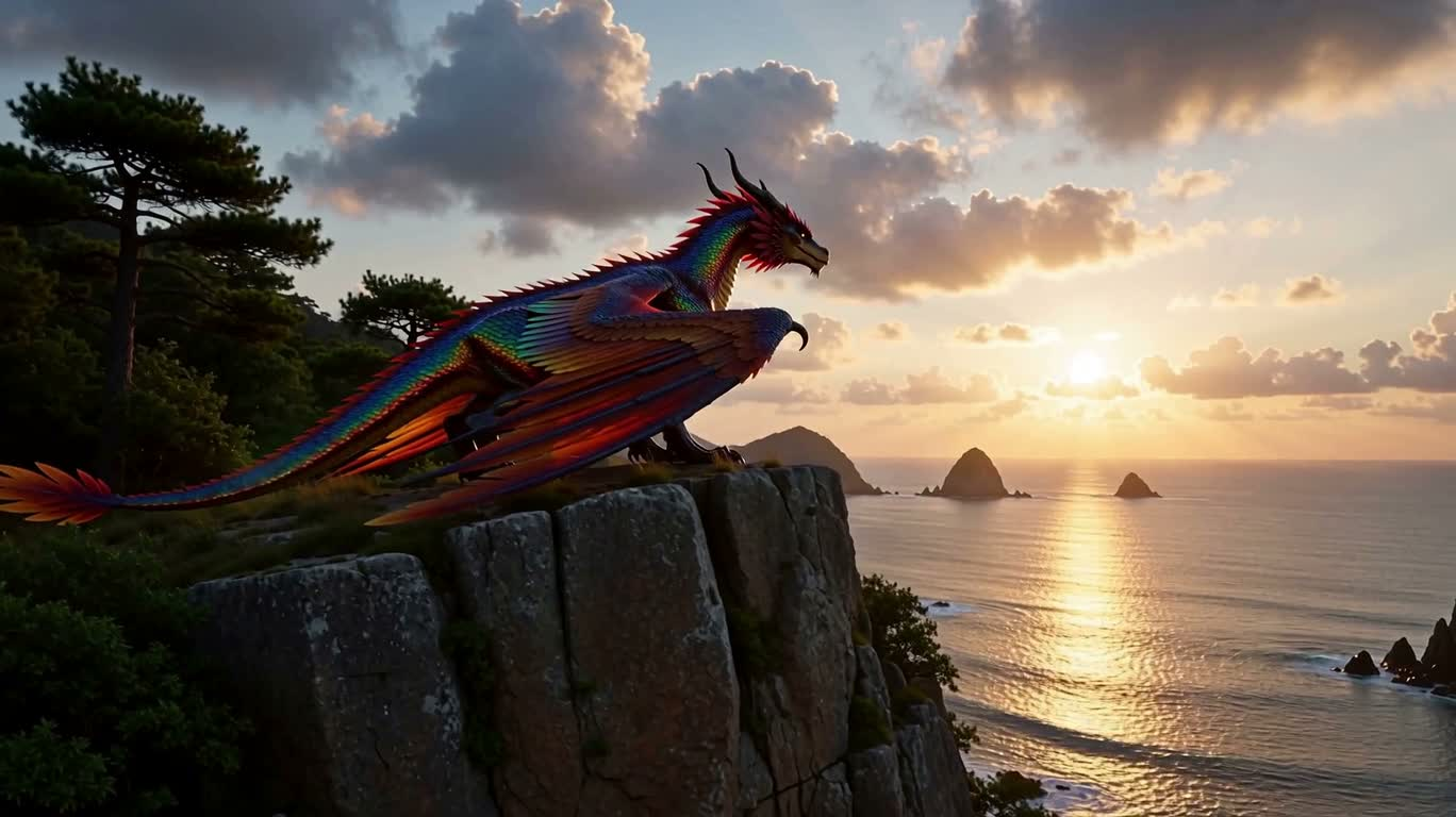 Dragon and Phoenix Mythical Beasts on the Twilight Sea Cliff