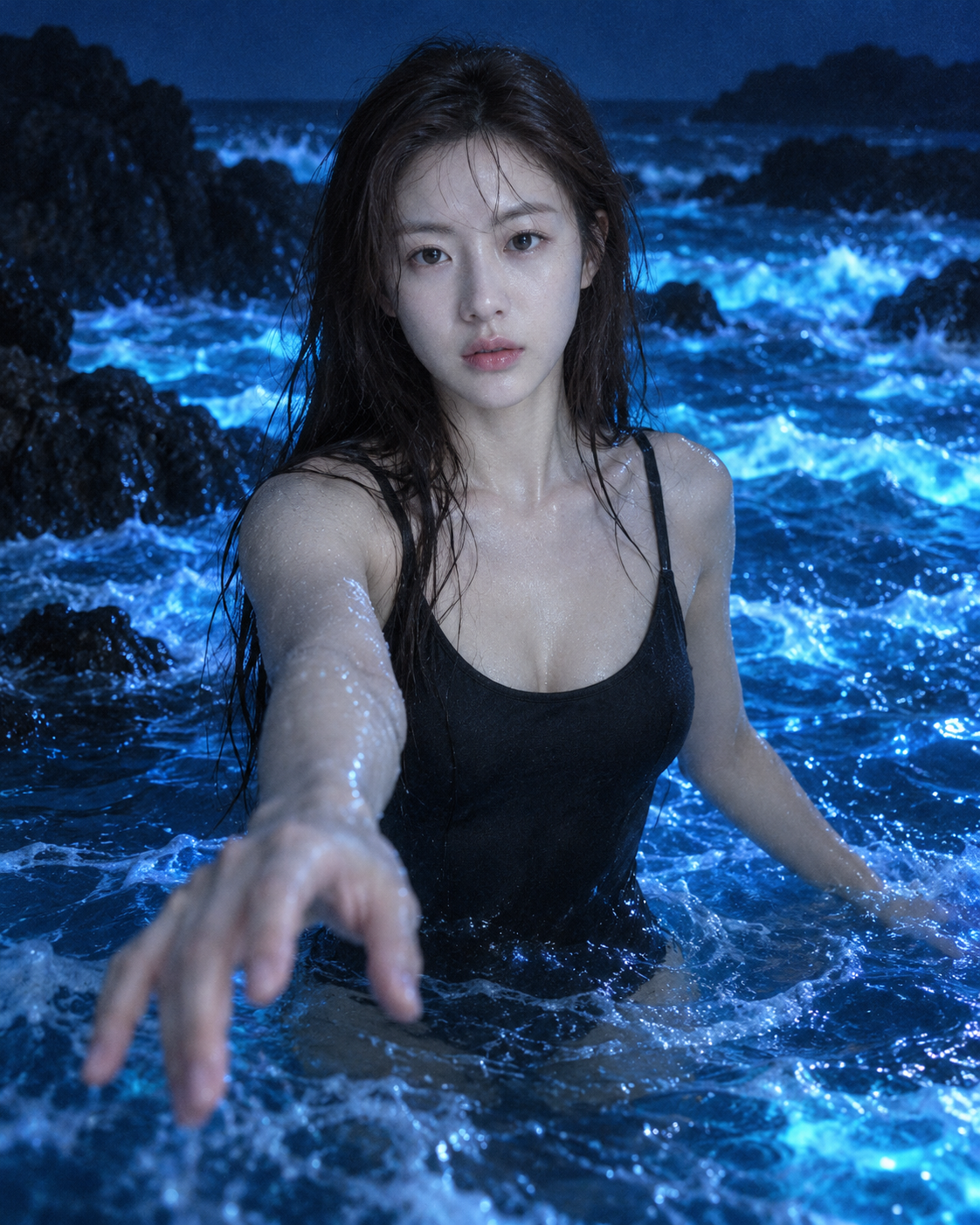 电蓝夜海中的成年女性海岸肖像