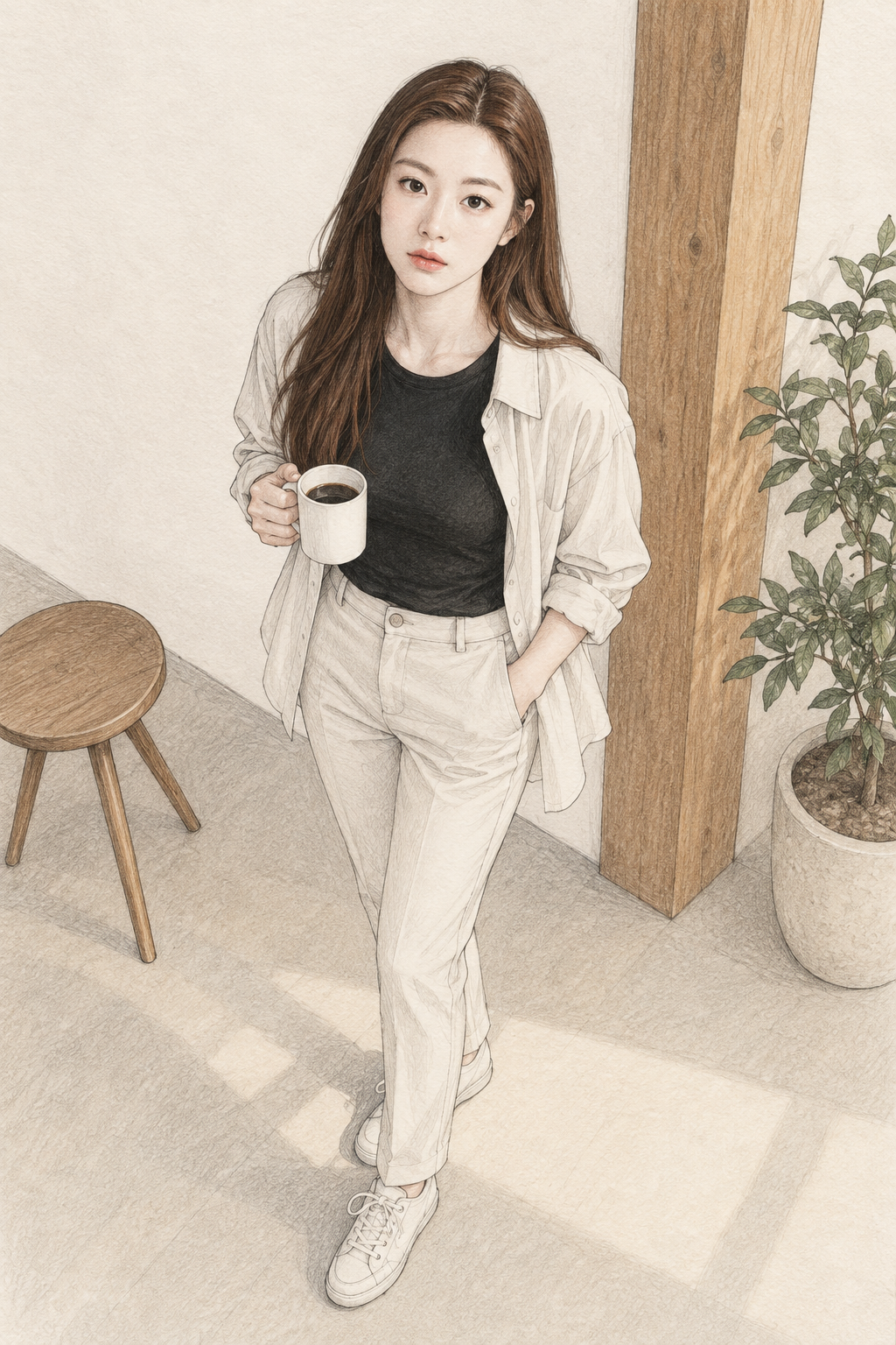 极简室内咖啡时光时尚素描 — AI image creation