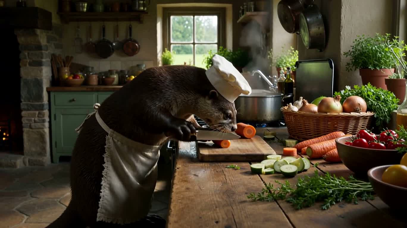 田舎の小屋にいるカワウソのシェフ — AI video creation