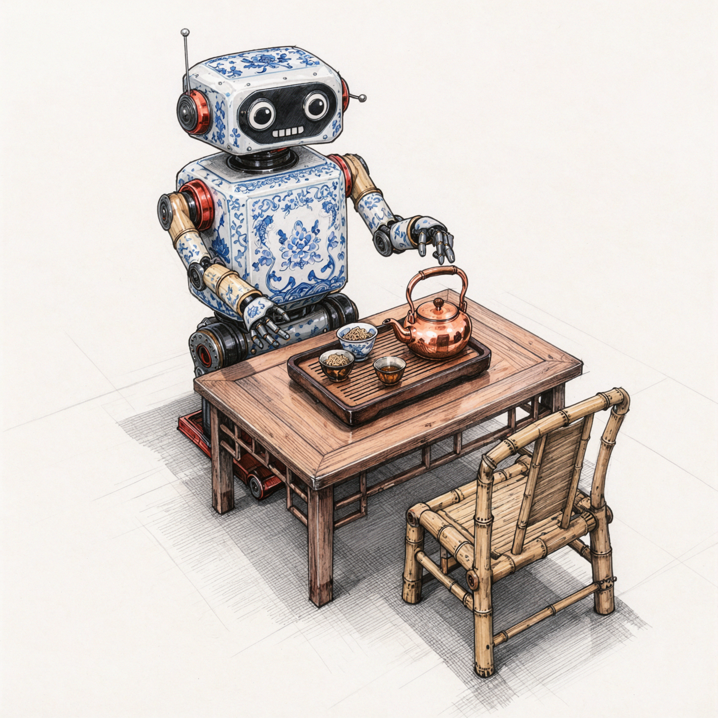 蓝瓷茶机器人 · 钢笔线描