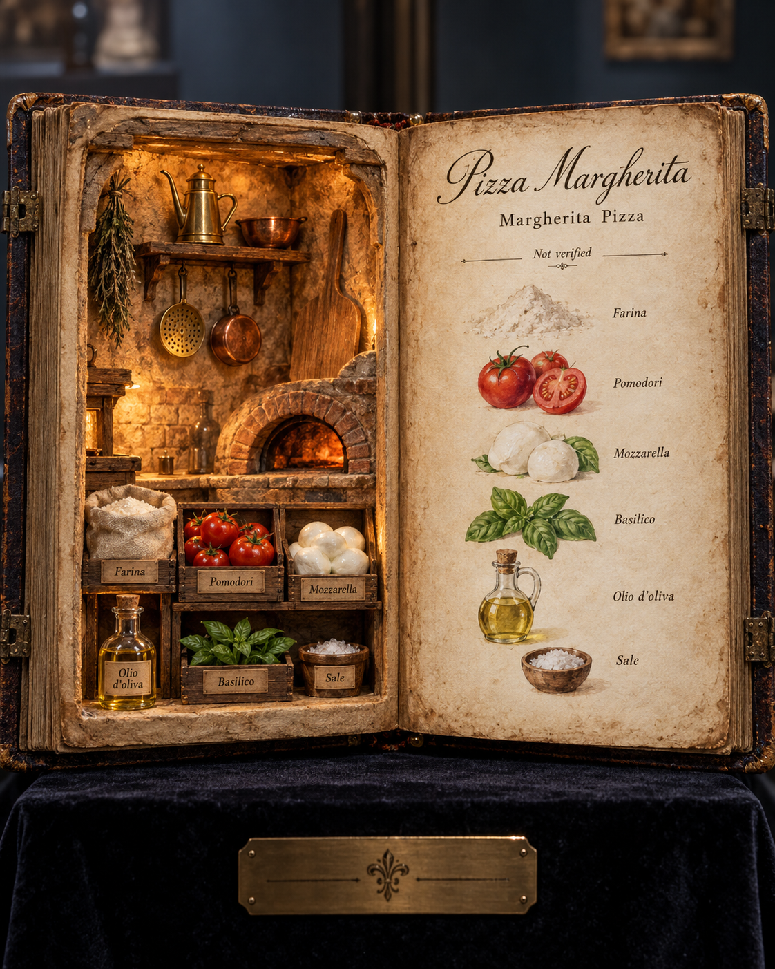 古籍烹饪秘卷微缩食谱展陈 — AI image creation