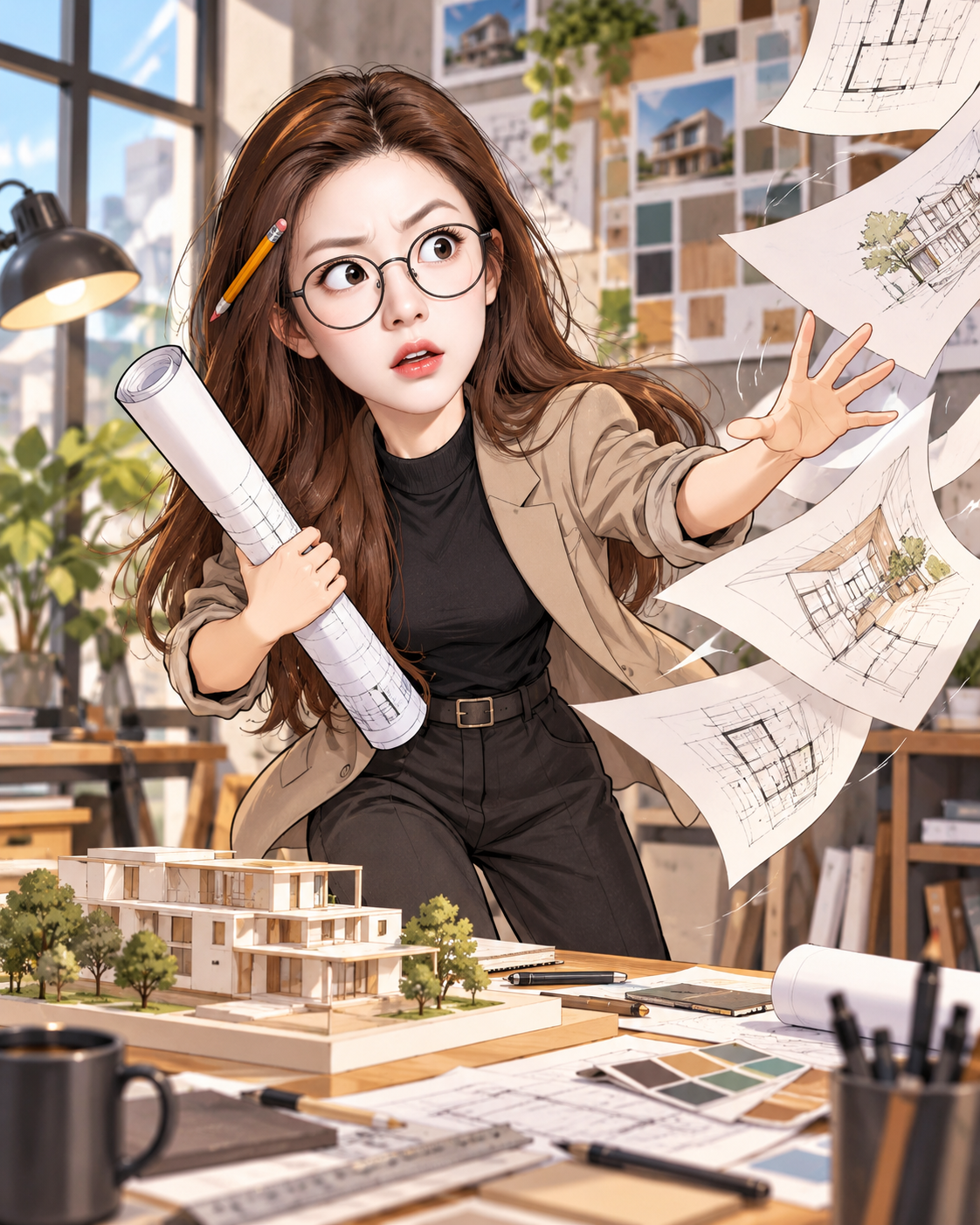 建築家のスタジオでのユーモラスな職業似顔絵 — AI image creation