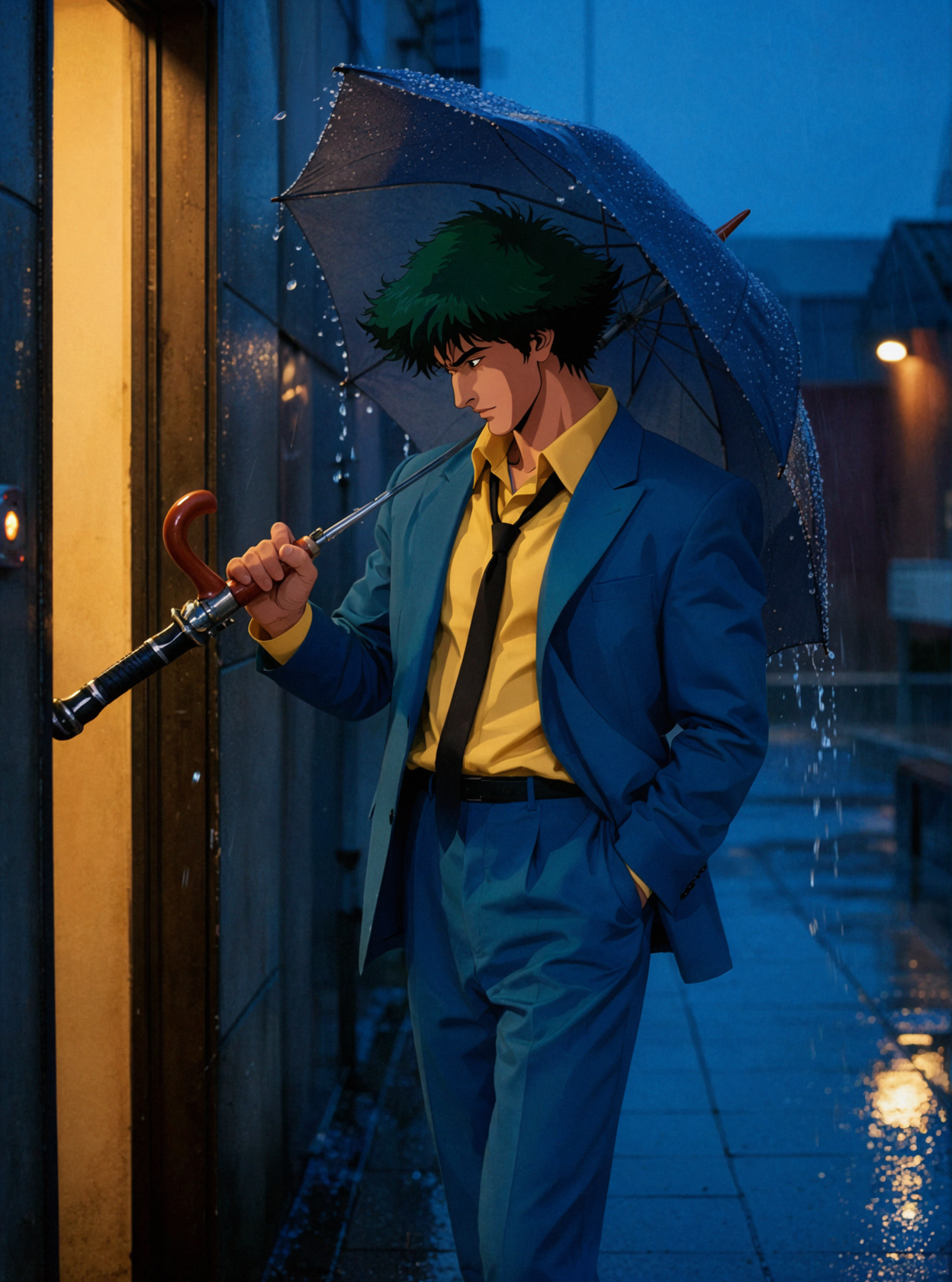 Spike Spiegel · Parapluies croisés · Heure bleue — AI image creation