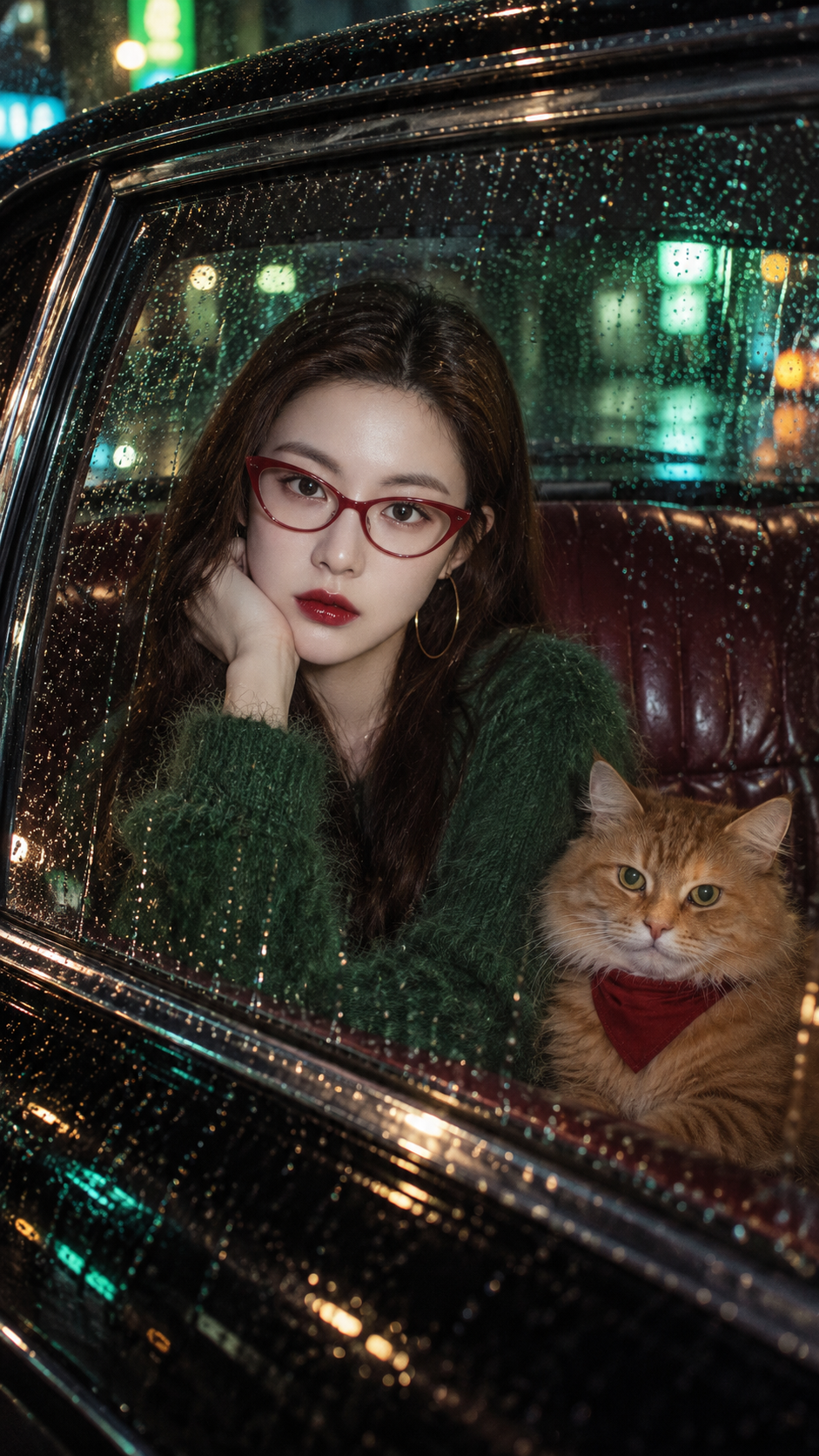 雨夜复古车窗里的红镜女郎与橘猫 — AI image creation