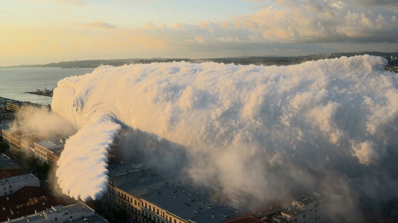 Sunrise Cloud Whale Gliding Over the Seaside City