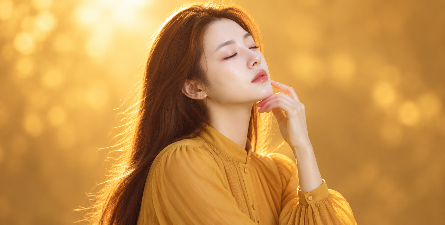 暖金色背景下的东亚女性侧颜肖像