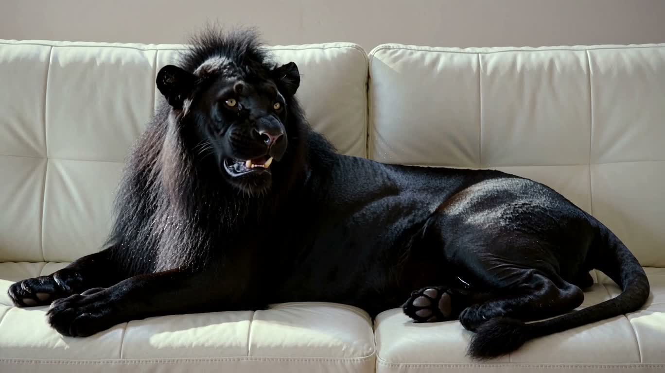 Black Liquid Lion on a White Sofa