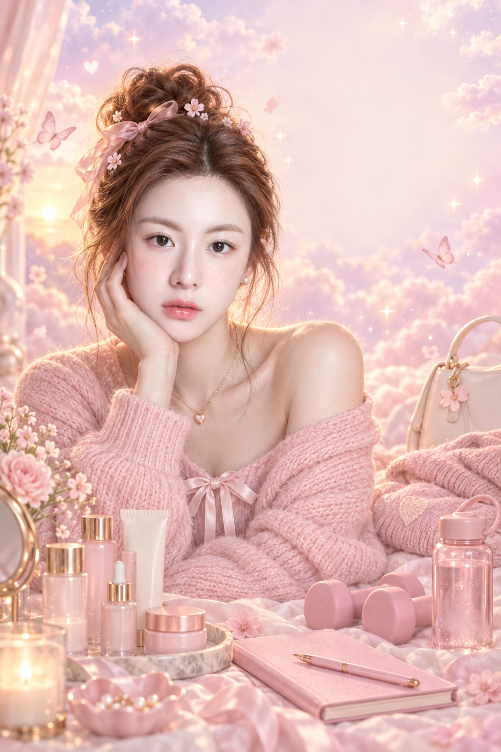 粉彩云朵与自我照护元素的梦幻柔和系海报