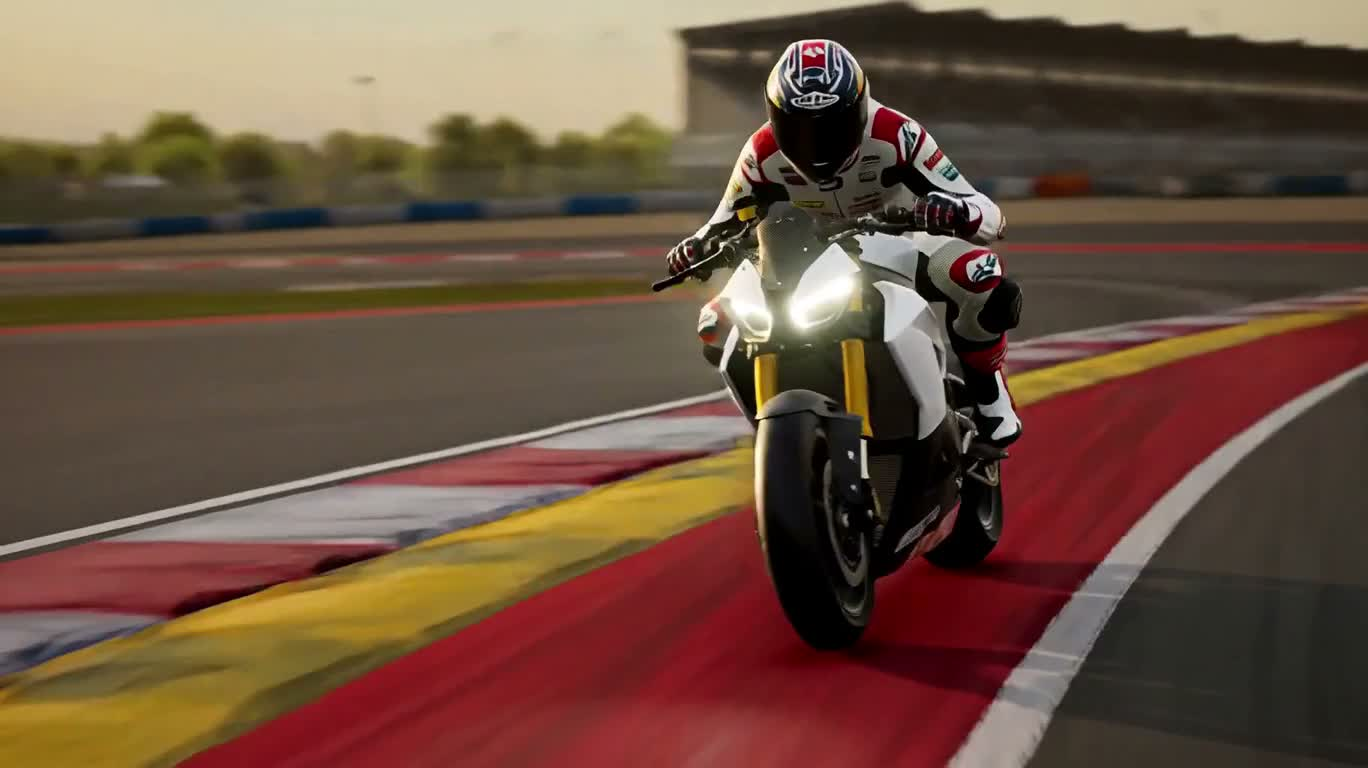 Poursuite de superbike sur circuit au coucher du soleil