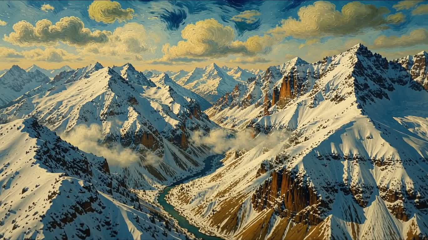 Canyon de montagne enneigé dans le style de Van Gogh