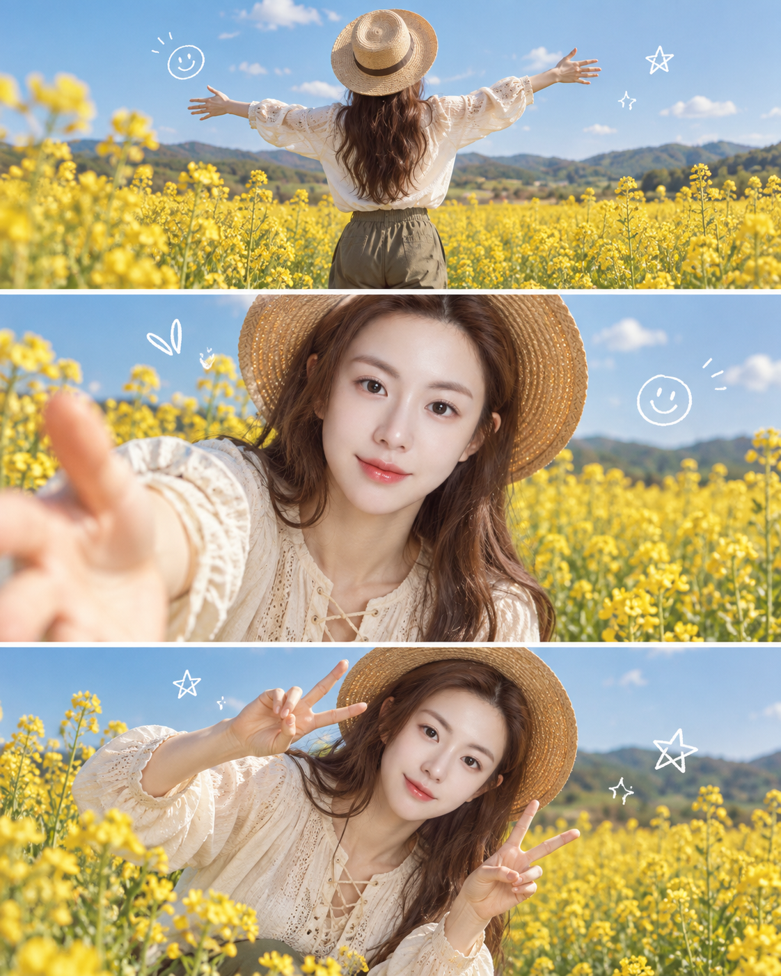 Three-Panel Spring Portrait Collage in a Mustard Flower Field