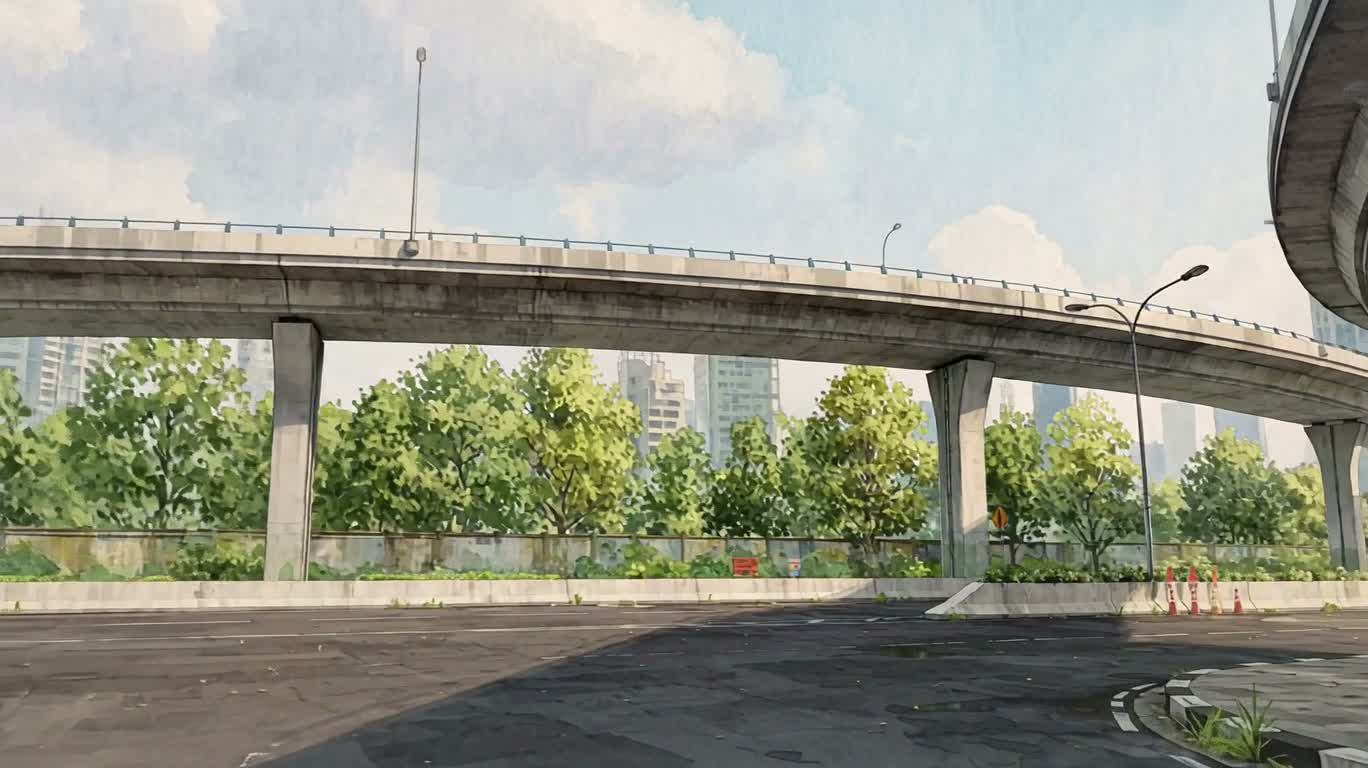 Scène aquarelle d'une autoroute futuriste à Jakarta — AI video creation
