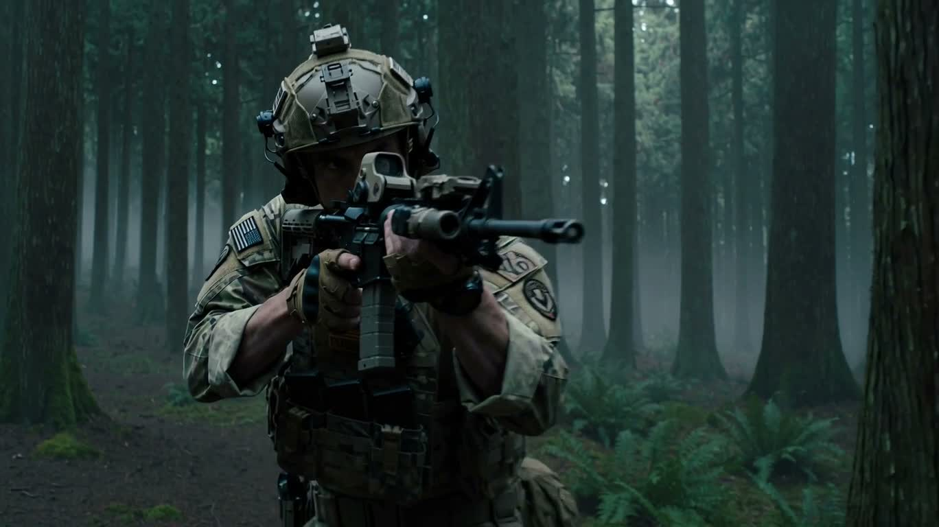 Duel entre soldat moderne et samouraï dans une forêt brumeuse