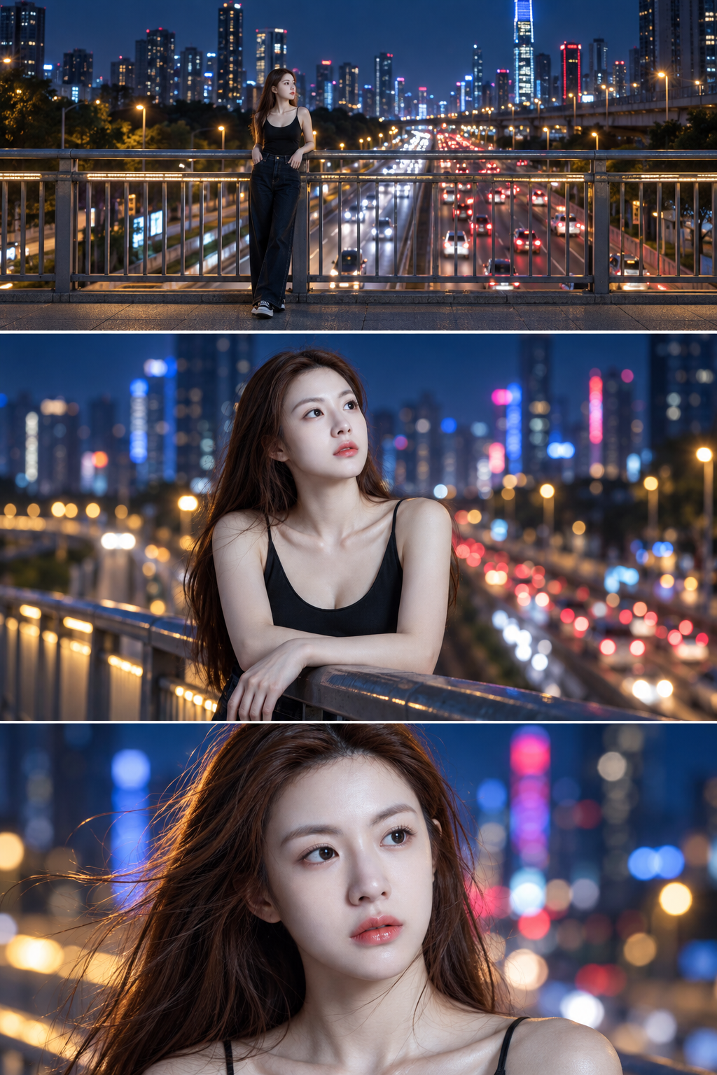 霓虹夜色与城市车流中的成年肖像三联画