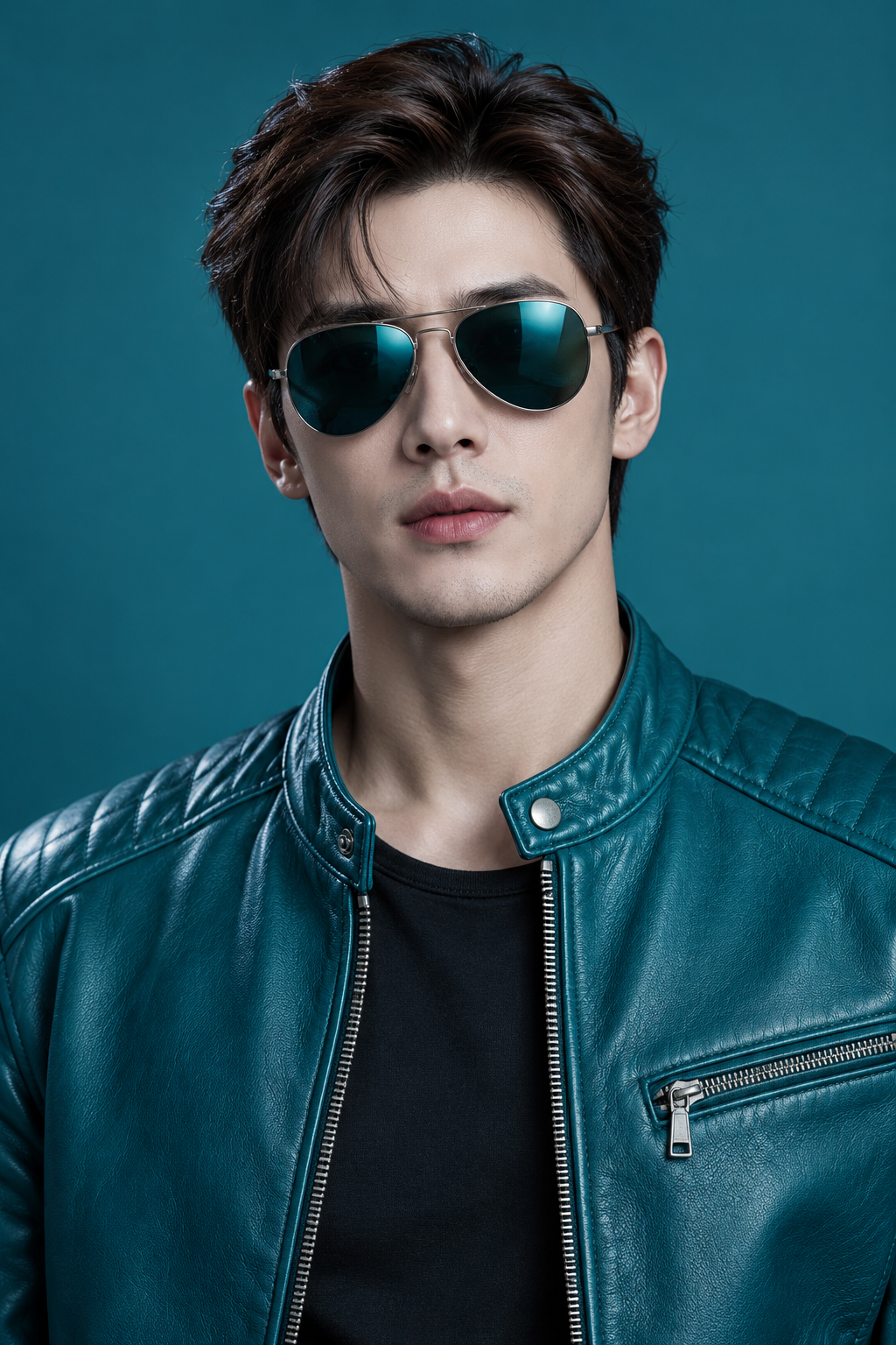 Portrait en studio d'un homme en blouson de course en cuir bleu canard