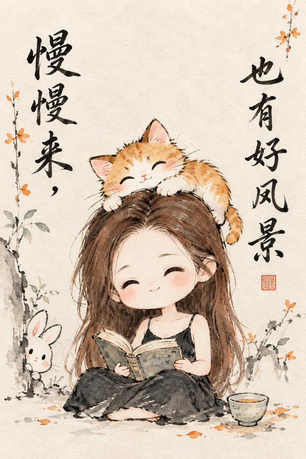 積み重なるオレンジ猫が読書する水墨癒し漫画 — AI image creation