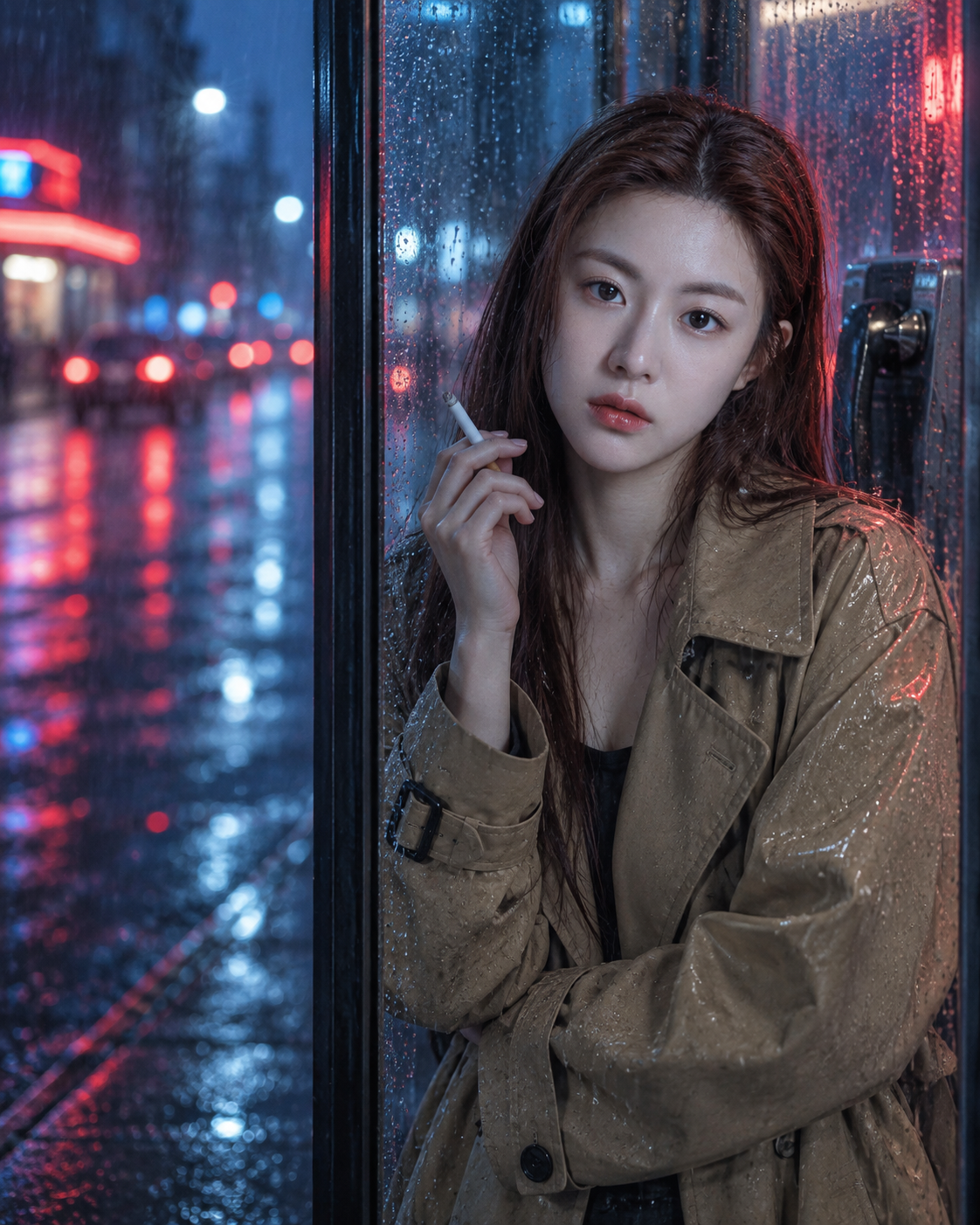 霓虹雨夜电话亭孤独女子写实电影感人像